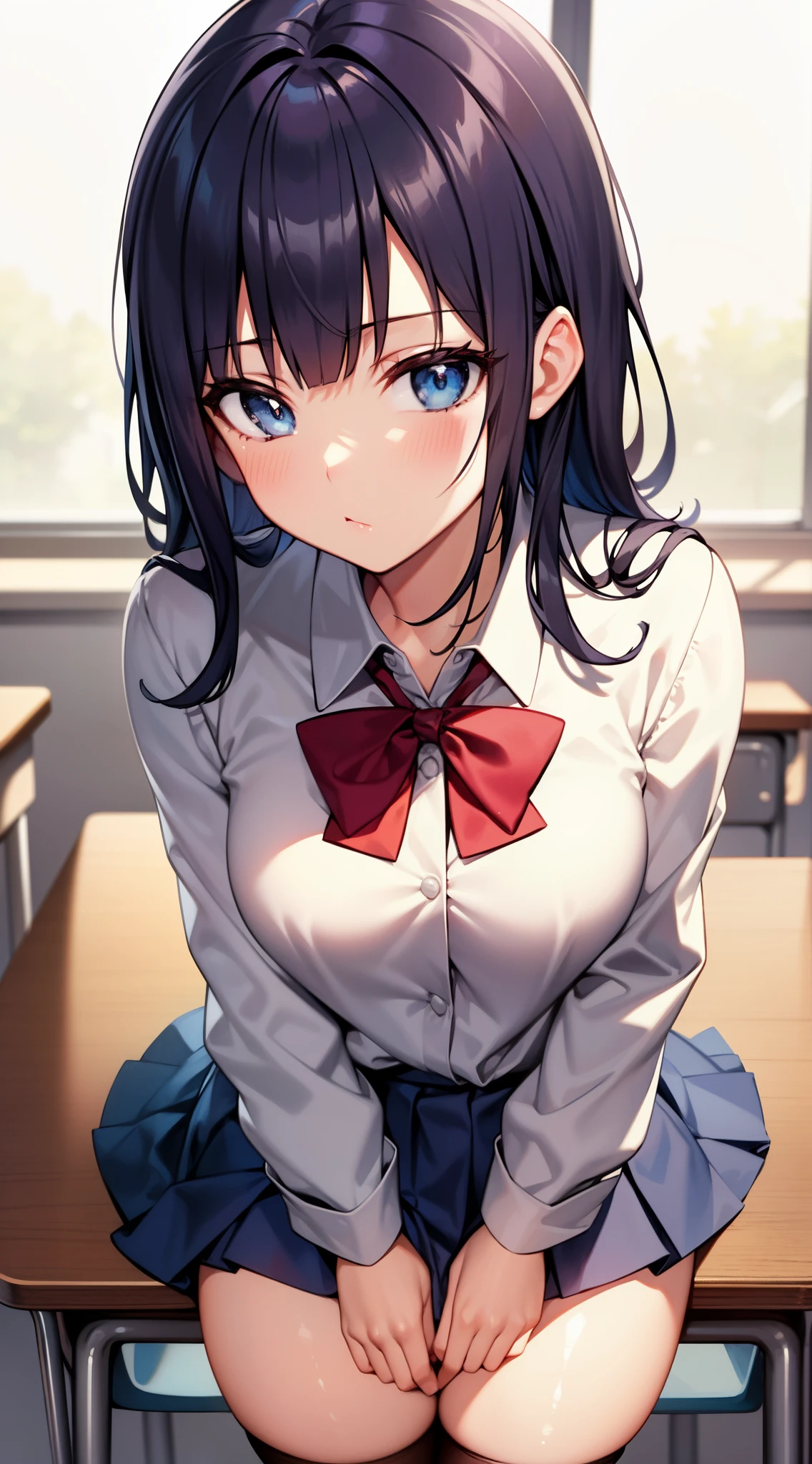 masterpiece, best quality, highres, 1girl, solo, bangs, light makeup, glossy lips, highly detailed, illustration, FGOErice, (school uniform), classroom, sitting, thigh highs, pouting