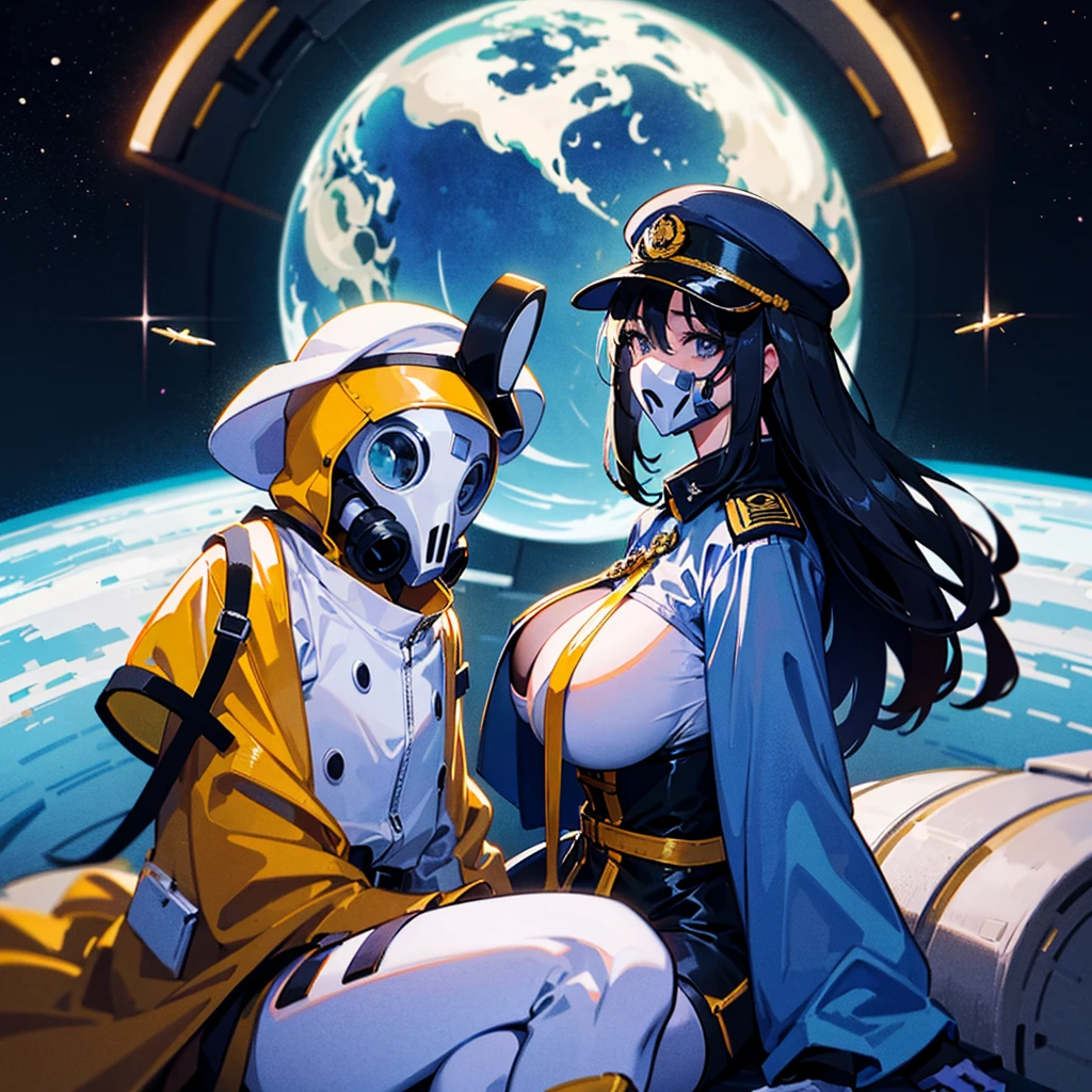 (((masterpiece)))、(((Top image quality)))、(((top-quality)))、(Illustration of one girl)、full bodyesbian、25-years old、(Viceroy)、Black hair bob cut、((Face covering gas mask))、Gray eyes、((Tall))、((huge tit))、((Military uniforms))、((Military Cap))、((Military coat))、(white clothes)、(White pants)、(White cap)、trench coat、((Inside the spaceship、Sitting in the captain's seat))、(Outside the window、kosmos、Earth seen from space、Spaceport)