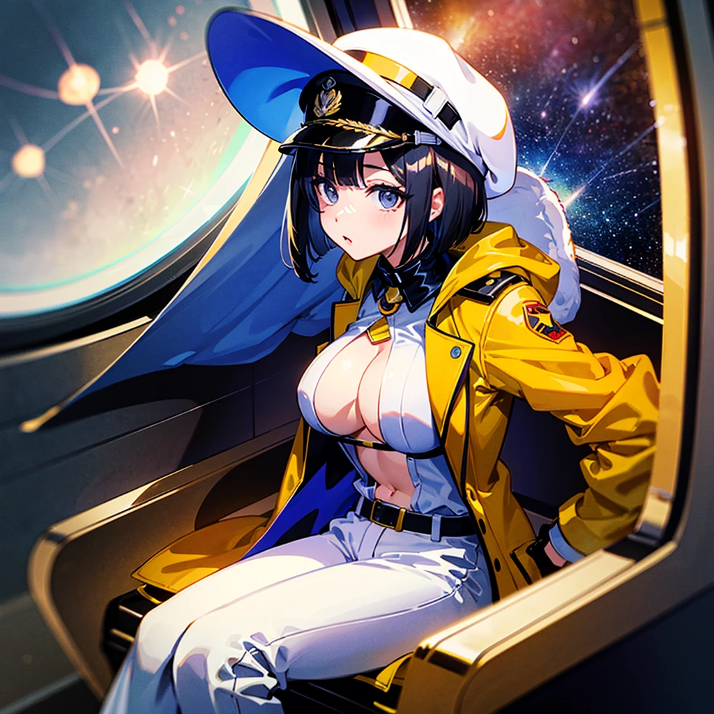 （（（​masterpiece）））、（（（Top image quality）））、（（（top-quality）））、（Illustration of one girl）、full bodyesbian、25-years old、（Viceroy）、Black hair bob cut、（（Face covering gas mask））、Gray eyes、（（Tall））、（（huge tit））、（（Military uniforms））、（（Military Cap））、（（Military coat））、（white  clothes）、（White pants）、（White cap）、trench coat、（（Inside the spaceship、Sitting in the captain's seat））、（Outside the window、kosmos、Earth seen from space、Spaceport）