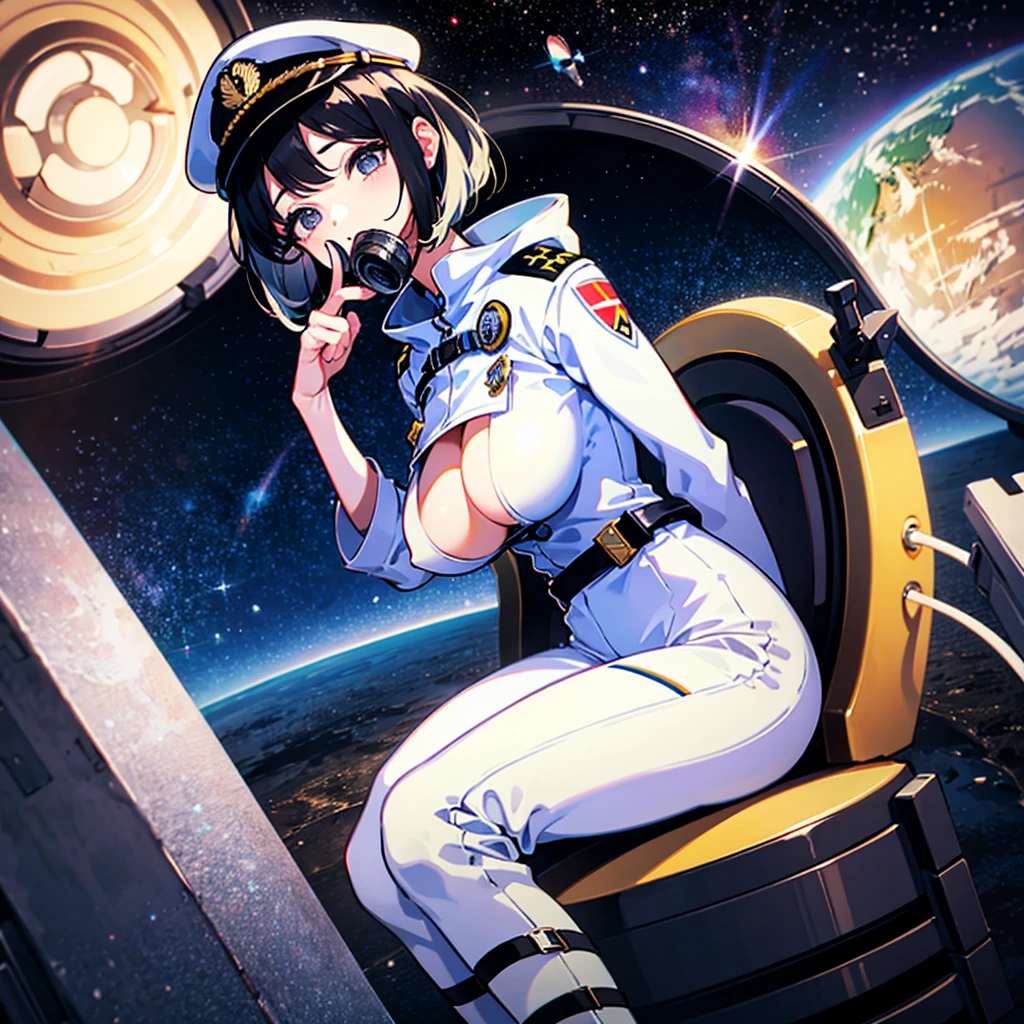 (((masterpiece)))、(((Top image quality)))、(((top-quality)))、(Illustration of one girl)、full bodyesbian、25-years old、(Viceroy)、Black hair bob cut、((Face covering gas mask))、Gray eyes、((Tall))、((huge tit))、((Military uniforms))、((Military Cap))、((Military coat))、(white clothes)、(White pants)、(White cap)、trench coat、((Inside the spaceship、Sitting in the captain's seat))、(Outside the window、kosmos、Earth seen from space、Spaceport)