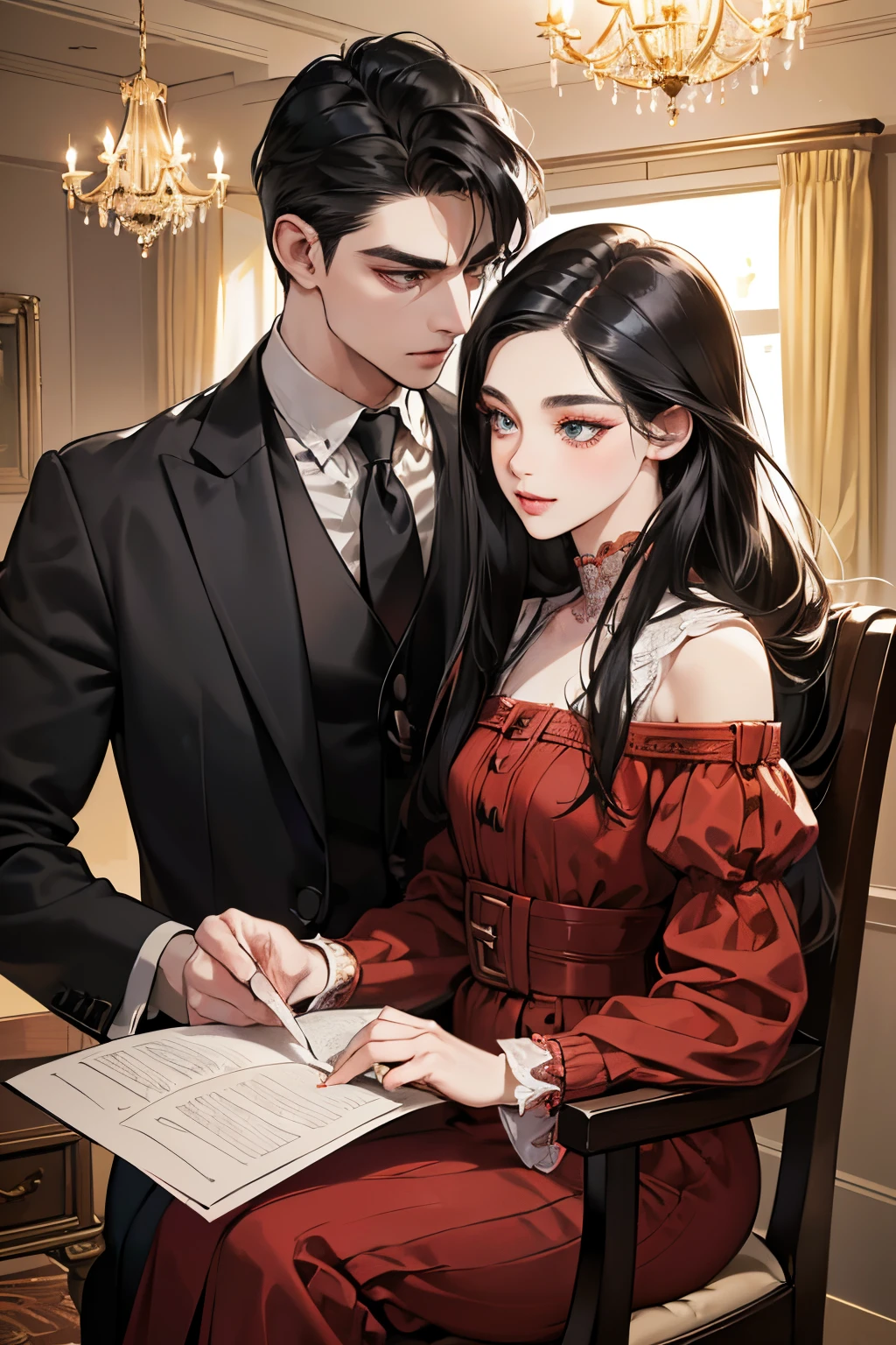 (masutepiece, Digital Art, Digital Illustration, 4K, 8K, Ultra-detailed, beautiful image, Sharp Image, Photorealistic, Raw photo, Perfect face, Perfect lines, Perfect eyes, Soft lighting) 1 woman, (Long Black Hair,straight haired,Bullish gaze,Beautie,Woman in suit,Solid makeup,23 y-o woman,small tits:1.3),Secretary, Two handsome men in suits, (ember,Men in suits,well-muscled,Firm shoulder width, Man's,Boyish hairstyle,English gentlemanly style,Man in his 30s with a cool expression,28-year-old man with bright smile:1.2),Office scene at night,Antique furnishings,Antique Clamps,Antique chair,chandeliers,Parti、a couple、couple kissing、kiss、the kiss、Antique furnishings