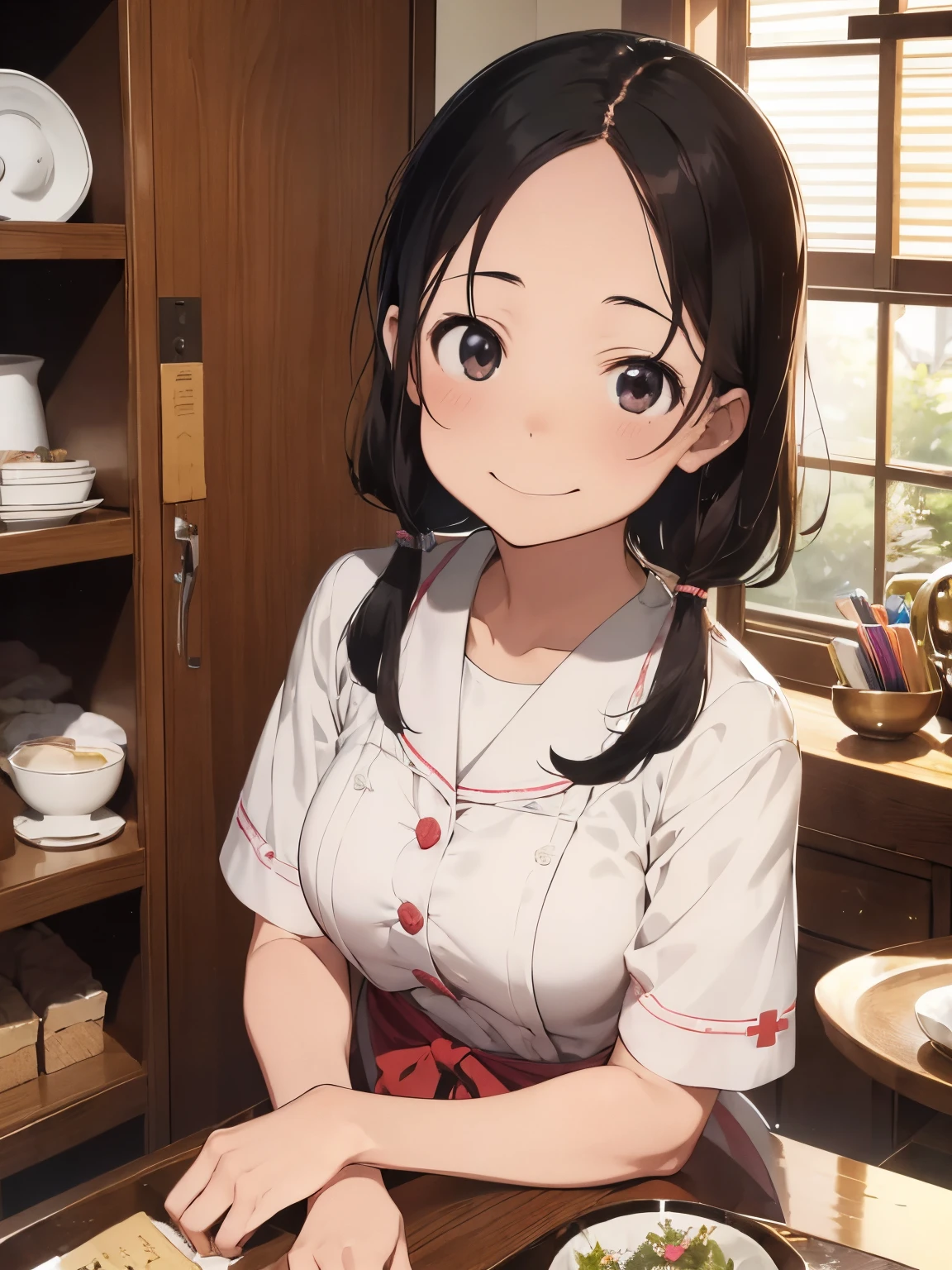 masutepiece, Best Quality, hight resolution,ers old,hashikuji mayoi,Look at me and smile,((Meiji period~Showa era nurse)),(Classic Made Crotinensoletum