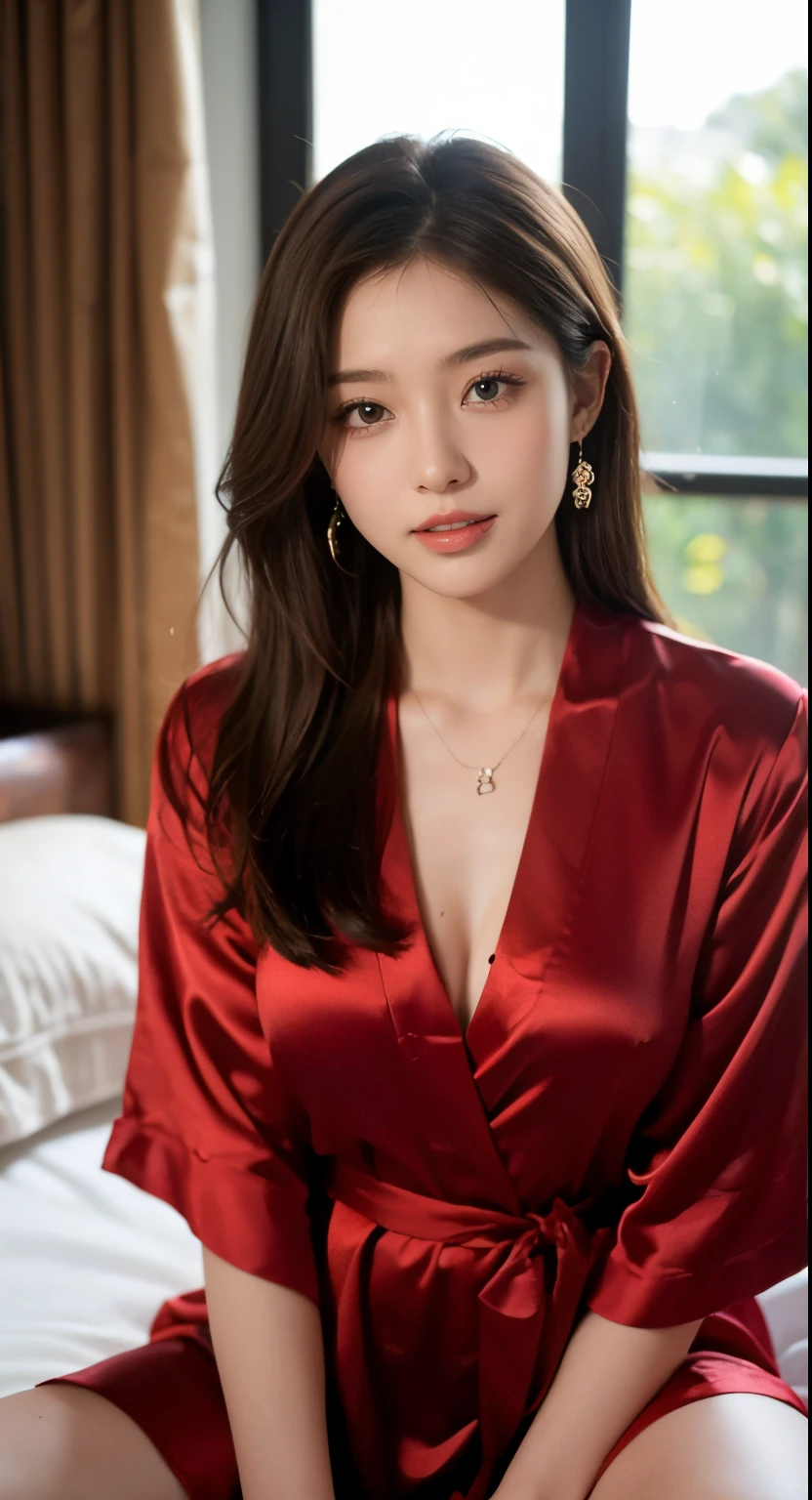 ((a Innocent and cute girl:1.3)), ((Focus on Face:1.2)), (Luxury WineRed Silk-robe:1.3), (Seductive smile: 1.2), (Layered hairstyle, Brown hair:1.3), Medium Long Hair, Large breasts, BREAK, (luxury bedroom at moning:1.2), ((the sunrise outside the window:1.2)), ((Cowboy position on bed:1.6)), BREAK, (Sitting with hands between legs:1.4), looking down at viewer, From below,, (From below:1.2), BREAK (masutepiece: 1.3), (max resolution: 1.2), (Ultra HDTV: 1.2), cinematric light, Ultra HDTV, (Detailed eyes and skin), (detailed facial features), nffsw, 8K resolution, Sharp Focus: 1.2, Perfect Style, Beautiful face, Highly detailed face and skin texture, Detailed eyes, Brown eyes, Double eyelids, Thin eyebrows, Glitter Eyeliner: 1.2, Natural cheeks, Glossy skin,( Fair skin: 1.2), shiny little necklace and earrings, (Glossy lips: 1.4),