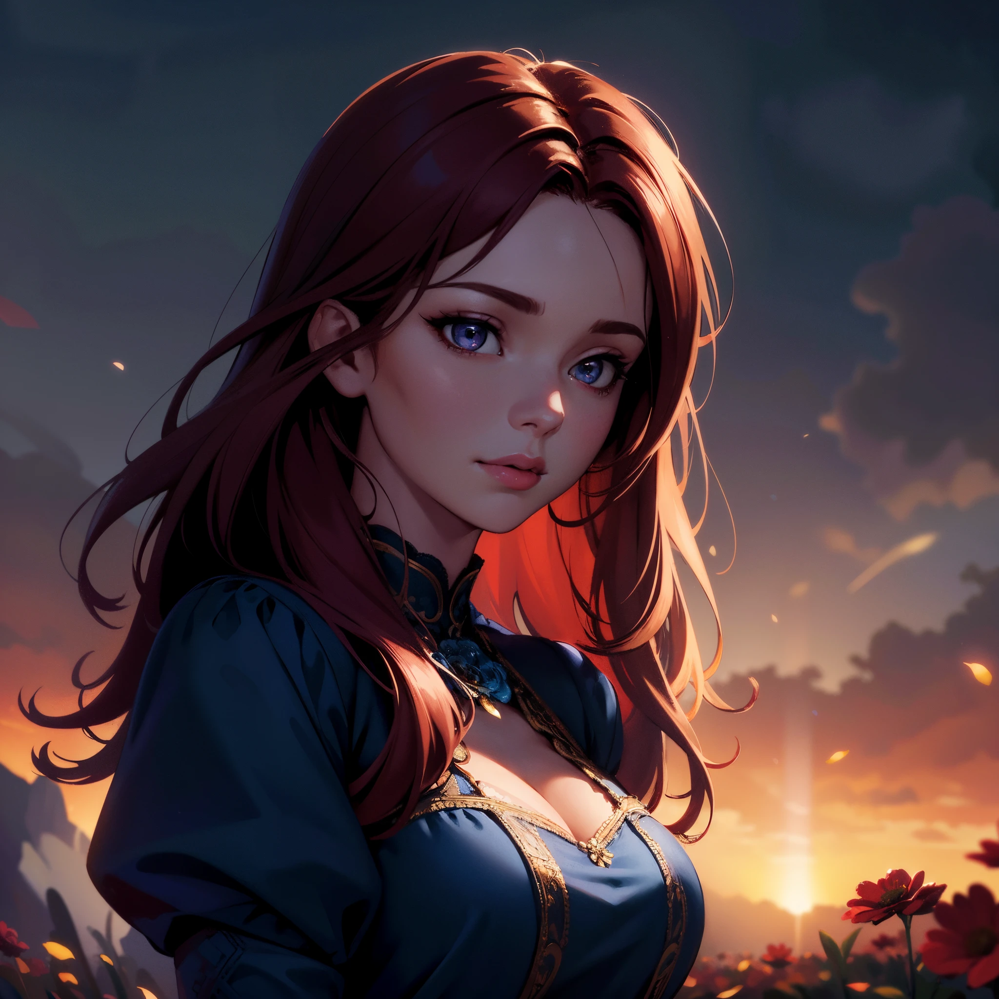 masterpiece, best quality, (colorful), cinematic lighting, extremely detailed CG unity 8k wallpaper, beautiful detailed face, an extremely delicate and beautiful, (dynamic angle:1.1), flower field setting, dark red hair, 30yo woman, blue dress, happy, soft, masterpiece, volumetric light, best quality, complimentary colors, dramatic lighting, intricate details, subsurface scattering,