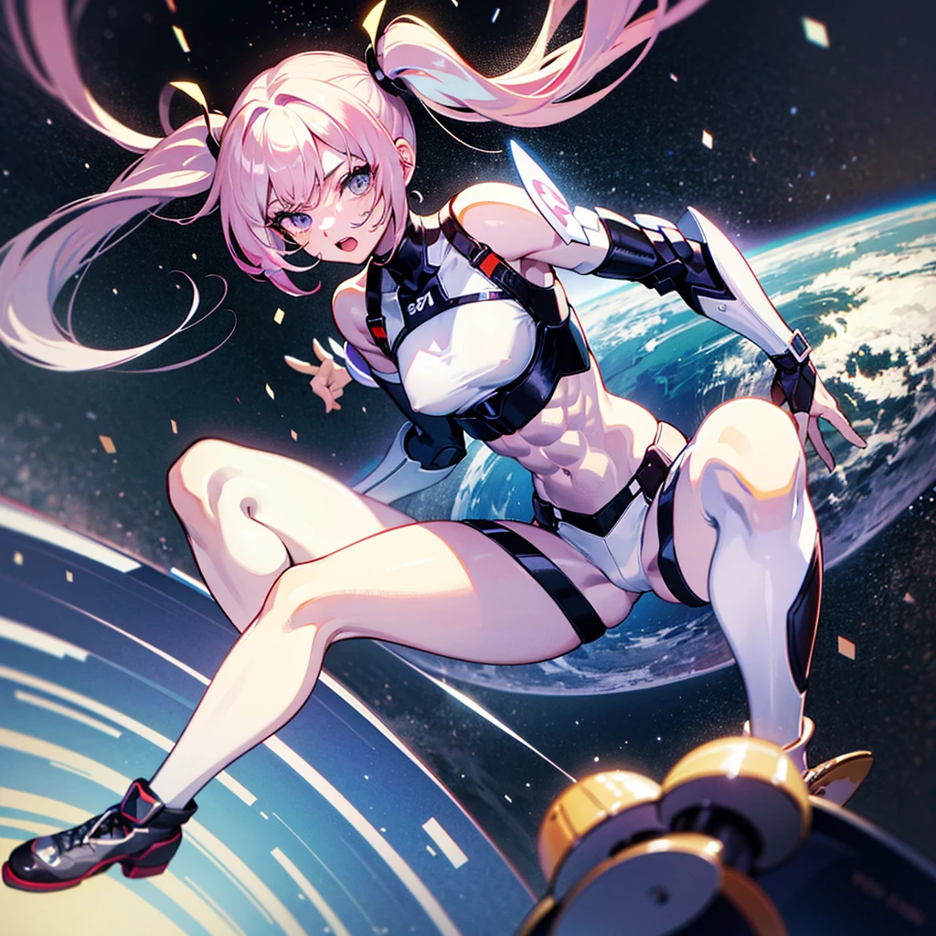 (((masterpiece)))、(((Top image quality)))、(((top-quality)))、((Illustration of one adult))、full bodyesbian、((25-years old))、((25-years old))、(((The face is a woman、The body is a man)))、(((Twintails with pink hair)))、Light gray eyes、((Tall))、((Flat))、(small tits)、((Muscular strong man's body))、((Muscular strong man's body))、((muscular chest plate))、abdominals、((muscular and thick arms))、((muscular and thick legs))、((manspreading))、opening legs、(((White pilot suit)))、((Inside the cockpit))、(The Universe on the Monitor、Earth seen from space、Spaceport)