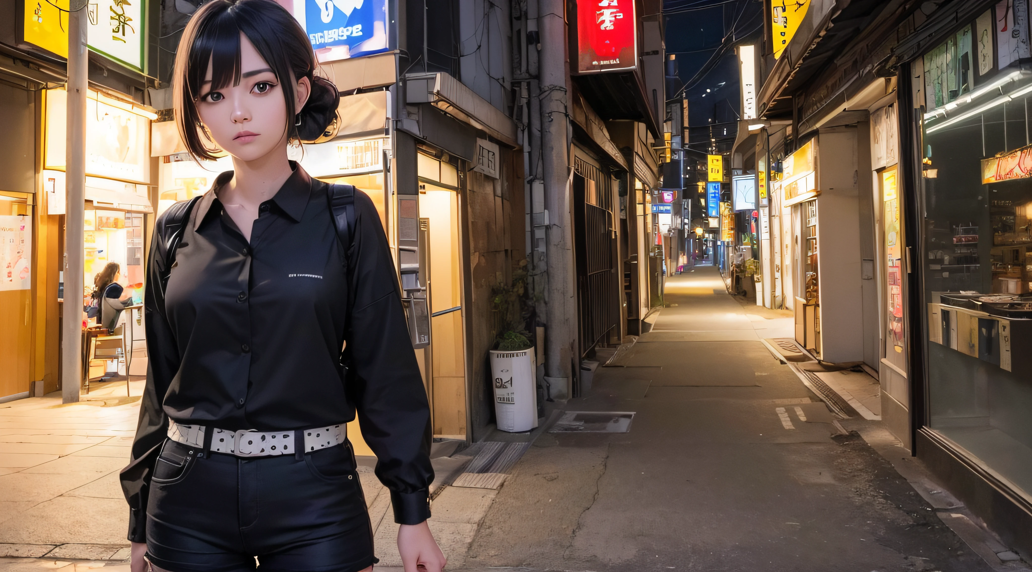 (8k, Foto RAW, best quality, mastery:1.3),(Realistic,photo-realistic:1.37),(Noite),(Olhando para o Visualizador:1.331),(cabelos brancos),Posando,Tokyo street,Paisagem noturna da cidade,CIDADE CYBERPUNK,luz suave, 1girl, rosto extremamente bonito, perfect body proportions, focal length, busto, penteado casual, sorrir, olhos grandes, (mangas curtas JK_camisa), JK_Estilo, (Marinha JK_saia), (arco JK_amarrar), mistura4, Olhos detalhados