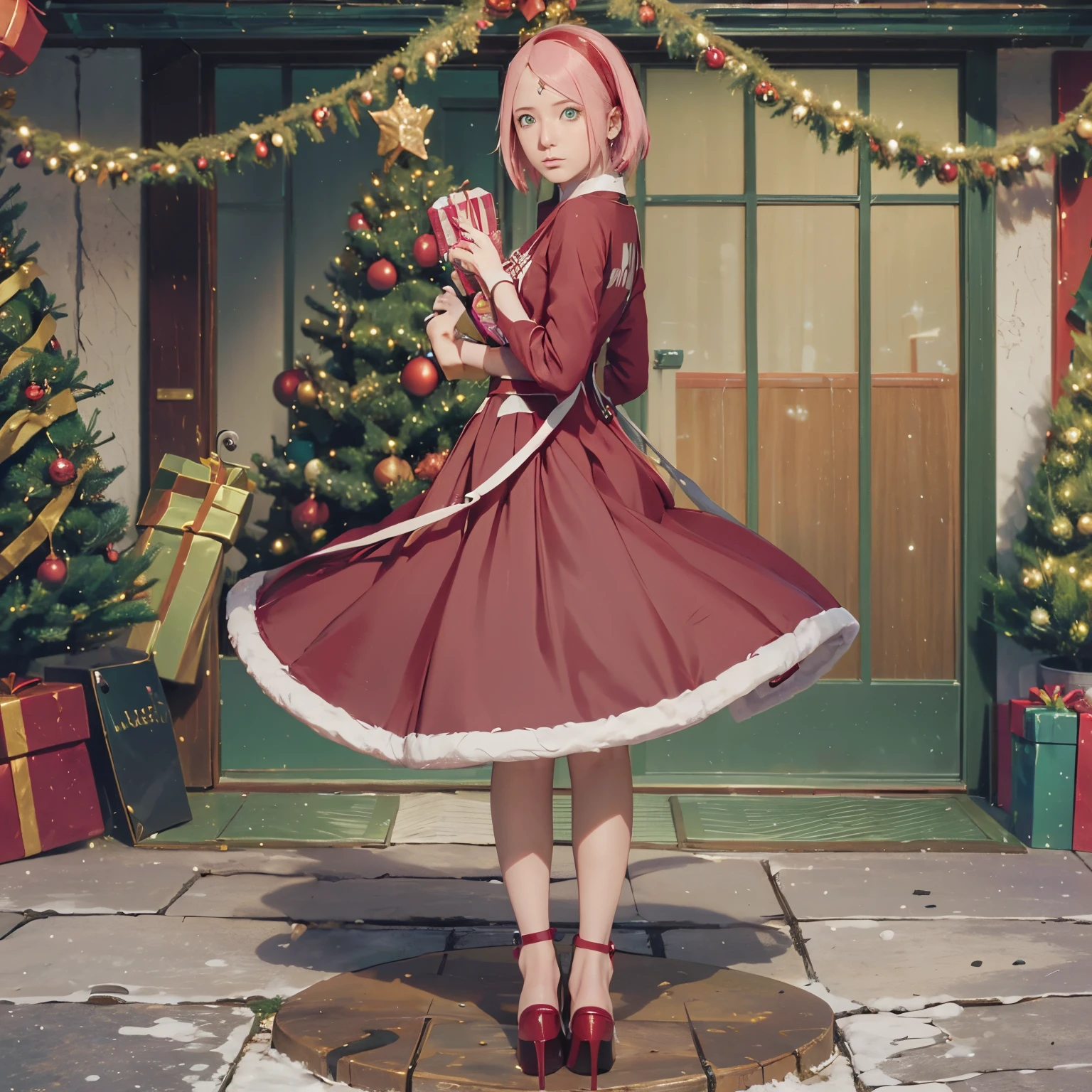 ((Full body):1.5), {1Woman}, Only {1Woman} ((costume (Christmas, holding a bag of gifts):1.3)))), {1Woman} ((looking at the viewer, with hateful look and face posing):1.3), ((Inside a house in front of a chimney with a large Christmas tree next to it)), anime, anime style, 16k, high resolution, ((best quality, high details):1.5), UHD,  ((masterpiece)) sakura haruno from naruto, beautiful girl with green eyes