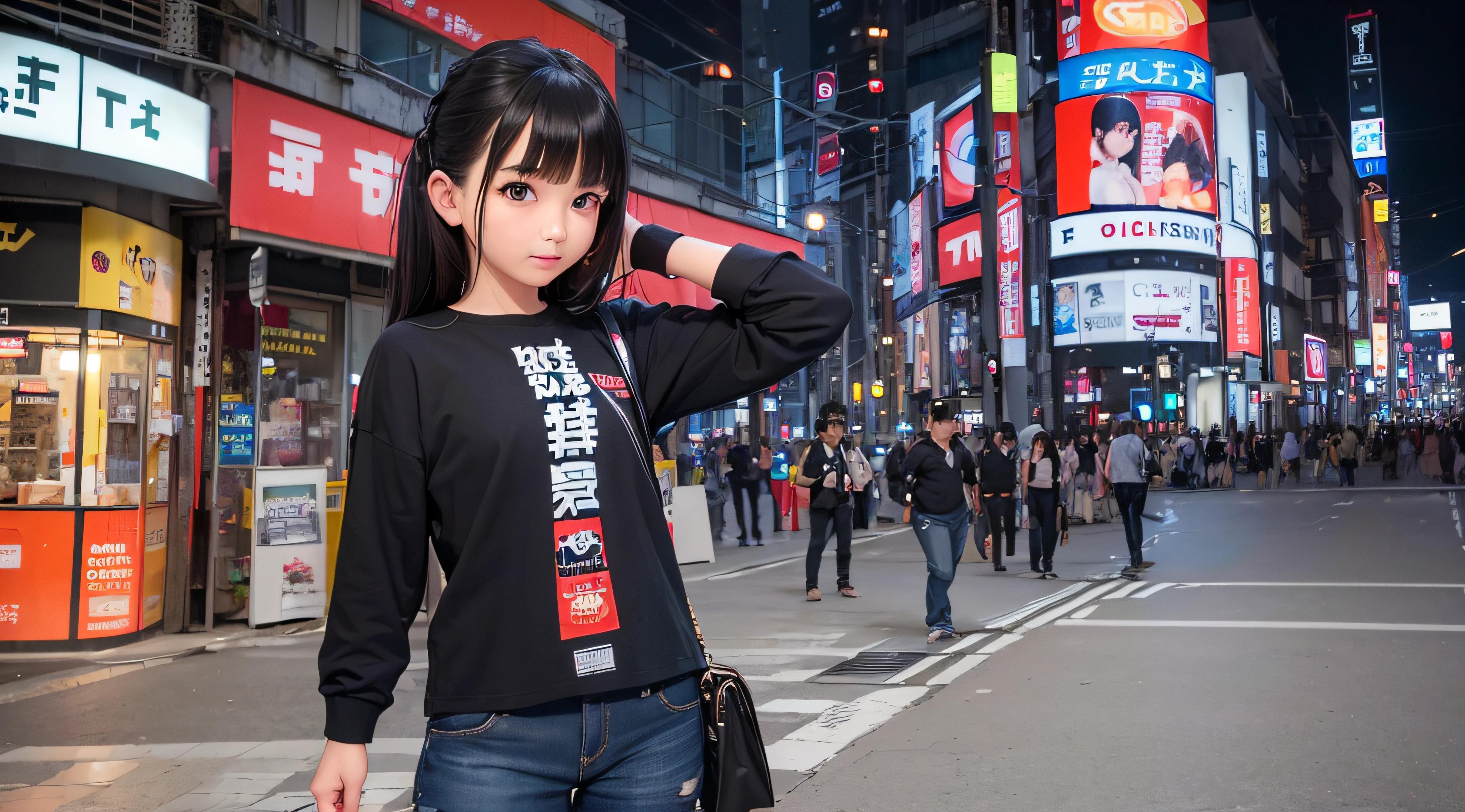 (8k, Foto RAW, best quality, mastery:1.3),(Realistic,photo-realistic:1.37),(Noite),(Olhando para o Visualizador:1.331),(cabelos brancos),Posando,Tokyo street,Paisagem noturna da cidade,CIDADE CYBERPUNK,luz suave, 1girl, rosto extremamente bonito, perfect body proportions, focal length, busto, penteado casual, sorrir, olhos grandes, (mangas curtas JK_camisa), JK_Estilo, (Marinha JK_saia), (arco JK_amarrar), mistura4, Olhos detalhados