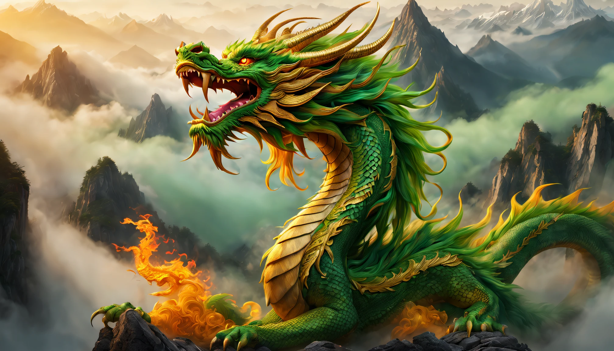 A green Chinese dragon,Curved body,Long beard,flaming eye,sharp clawed breath,Curly and powerful dragon tail,mountain peaks,Surrounded by mist,Vivid colors and intricate details,illuminated by soft golden light,(Best quality at best,4K,8K,A high resolution,tmasterpiece:1.2),ultra - detailed,actual