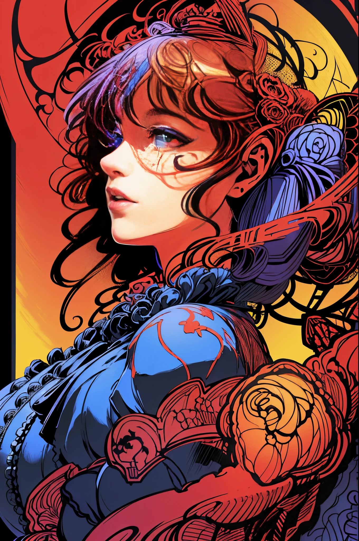 Butterfly motif、shades of scarlet and black、Vibrant colors、((masterpiece)))、(((top-quality)))、((ultra-detailliert))、(A hyper-realistic)、(highly detailed CGillustration)、Official art、Luxembourg in the early 20th century、Decadent、Madame Papillon、Cool Beauty、Masquerade、sophisticated menegance、Gorgeous、Colorful and detailed mask design、matchless beauty、Fans、gorgeous dress、jewely、Female Solo、Perfect Angle、perfect-composition