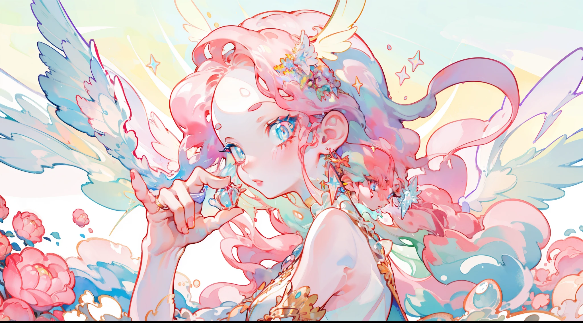 masterpiece, best quality, sharp focus, 8k, intricately detailed environment, anime, watercolor illustration, colorful, bright colors, whimsical, glowing lights, liquid otherworldly, fairy lights, beautiful girl in flowing liquid glowing dress, perfect face, golden ratio, sparkling eyes, watercolor, liquid light, angel wings