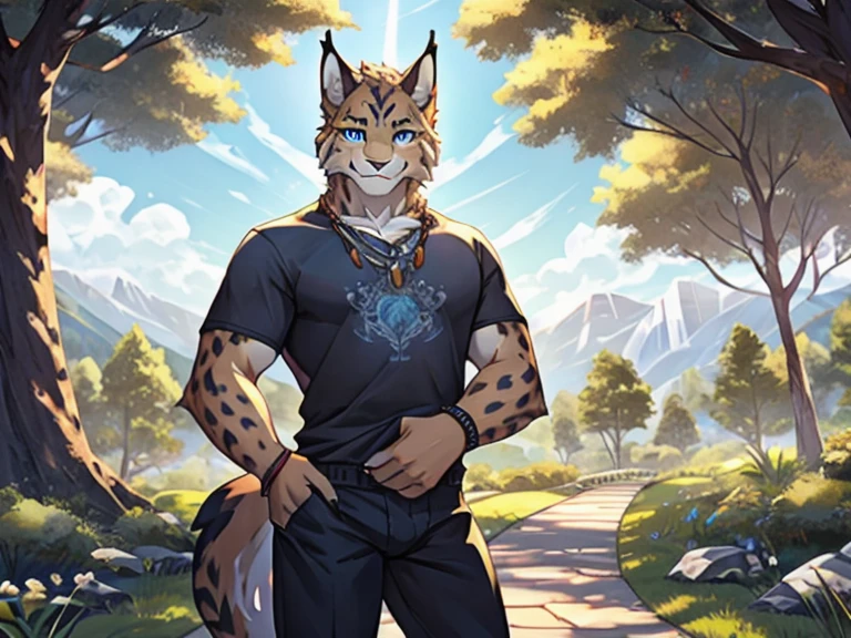 masterpiece, best quality, detailed background, looking at viewer, loraeyes, detailed eyes,
feline, lynx, mammal, bust portrait, wear grey tshirt, black pants, anthro, blue eyes, claws, fur, jewelry, male, nature, outside, plant, smile, solo, spotted body, spotted fur, sweat, smile, tree, underwear, white body, white fur