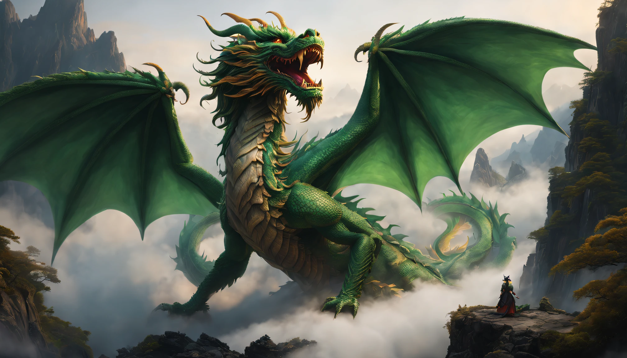 (nice,4K,8K,tall house,masterpiece:1.2),ultradetailed,realistically,A green Chinese dragon,Curved body,Long beard,flaming eye,imperial scale,sharp clawed breath,Curly and powerful dragon tail,mountain peaks,Surrounded by mist,Vivid colors and intricate details,illuminated by soft golden light
