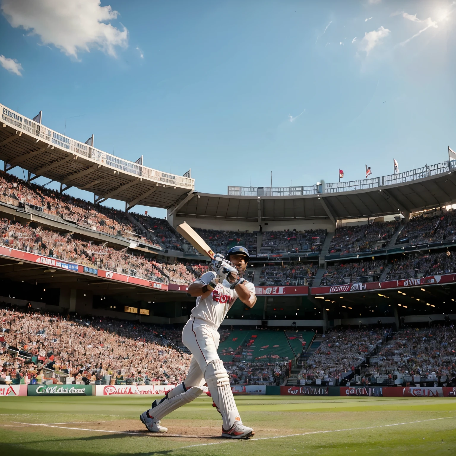 "Create a captivating in-game scenario for Real Cricket 22 featuring Virat Kohli in action. Illustrate him playing a signature shot with precision, capturing his iconic playing style. Ensure the backdrop includes a realistic stadium setting, enthusiastic crowd, and attention to details such as Kohli's jersey, bat, and facial expressions, contributing to an immersive gaming environment."