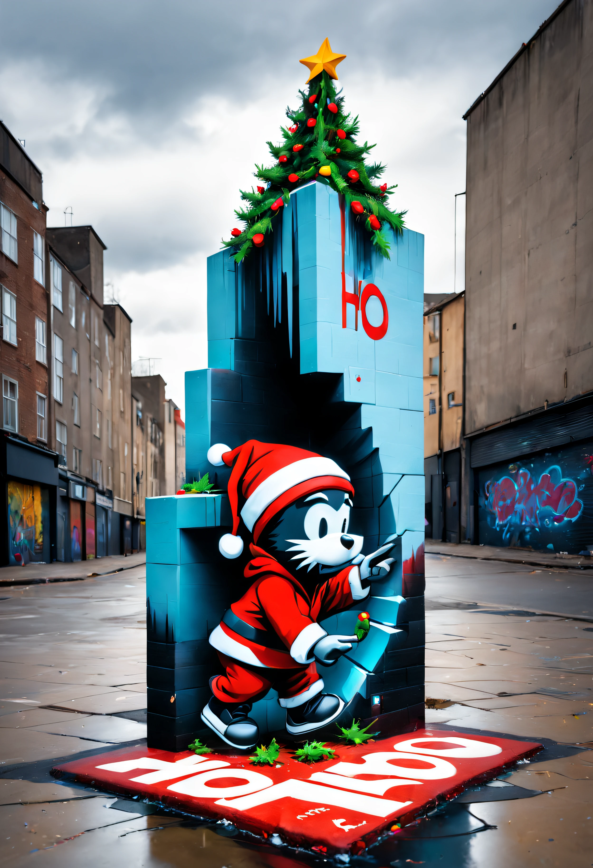 3dxmasurbanart, isometric, A three dimensional piece of christmas street art "HO HO HO" written on the ground in skottie young style, picturing a portal opened up from another dimension with a graffiti skyscraper (banksy style)