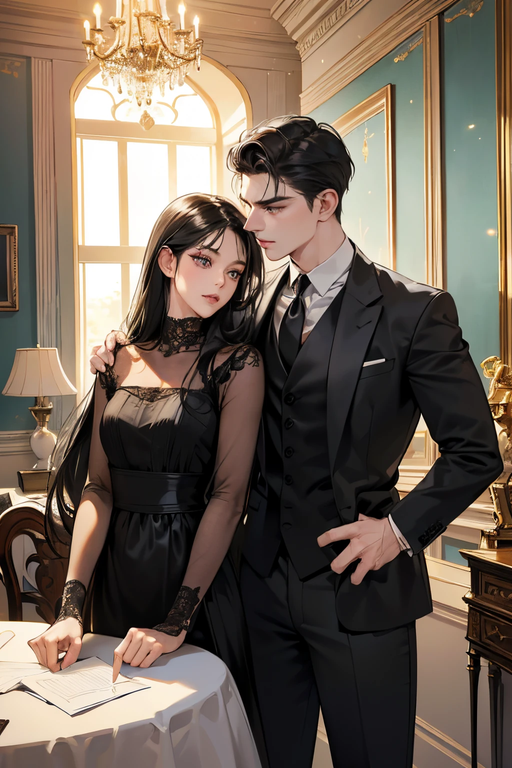 (masutepiece, Digital Art, Digital Illustration, 4K, 8K, Ultra-detailed, beautiful image, Sharp Image, Photorealistic, Raw photo, Perfect face, Perfect lines, Perfect eyes, Soft lighting) 1 woman, (Long Black Hair,straight haired,Bullish gaze,Beautie,Woman in suit,Solid makeup,23 y-o woman,small tits:1.3),Secretary, Two handsome men in suits, (ember,Men in suits,well-muscled,Firm shoulder width, Man's,Boyish hairstyle,English gentlemanly style,Man in his 30s with a cool expression,28-year-old man with bright smile:1.2),Office scene at night,Antique furnishings,Antique Clamps,Antique chair,chandeliers,Parti、a couple、couple kissing、kiss、the kiss、Antique furnishings