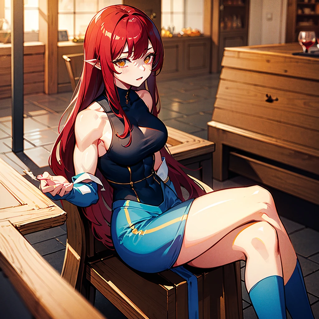(((masterpiece)))、(((Top image quality)))、(((top-quality)))、(((Illustration of one girl)))、(((Muscle Girl)))、(((neuter)))、a cool、((Long hair with red hair))、Golden eyes、((Tall))、(((Muscular and strong body)))、(((Muscular and strong body)))、((Split abs))、(((muscular and thick arms)))、((muscular and thick thighs))、(((manspreading)))、adventurer、(((adventurer style clothes、Adventurer style equipment)))、Sitting on a chair、Medieval tavern