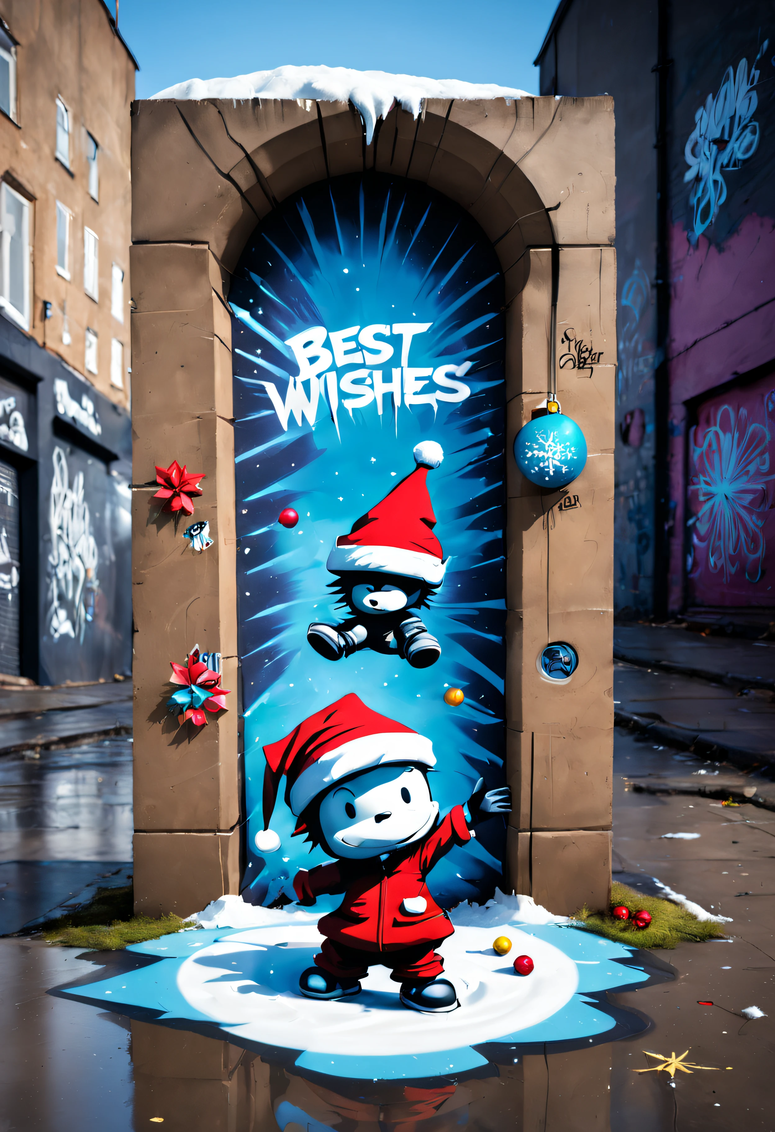 3dxmasurbanart, A three dimensional piece of christmas street art "Best Wishes" written on the ground in skottie young style, picturing a portal opened up from another dimension with a graffiti snowy background (banksy style)