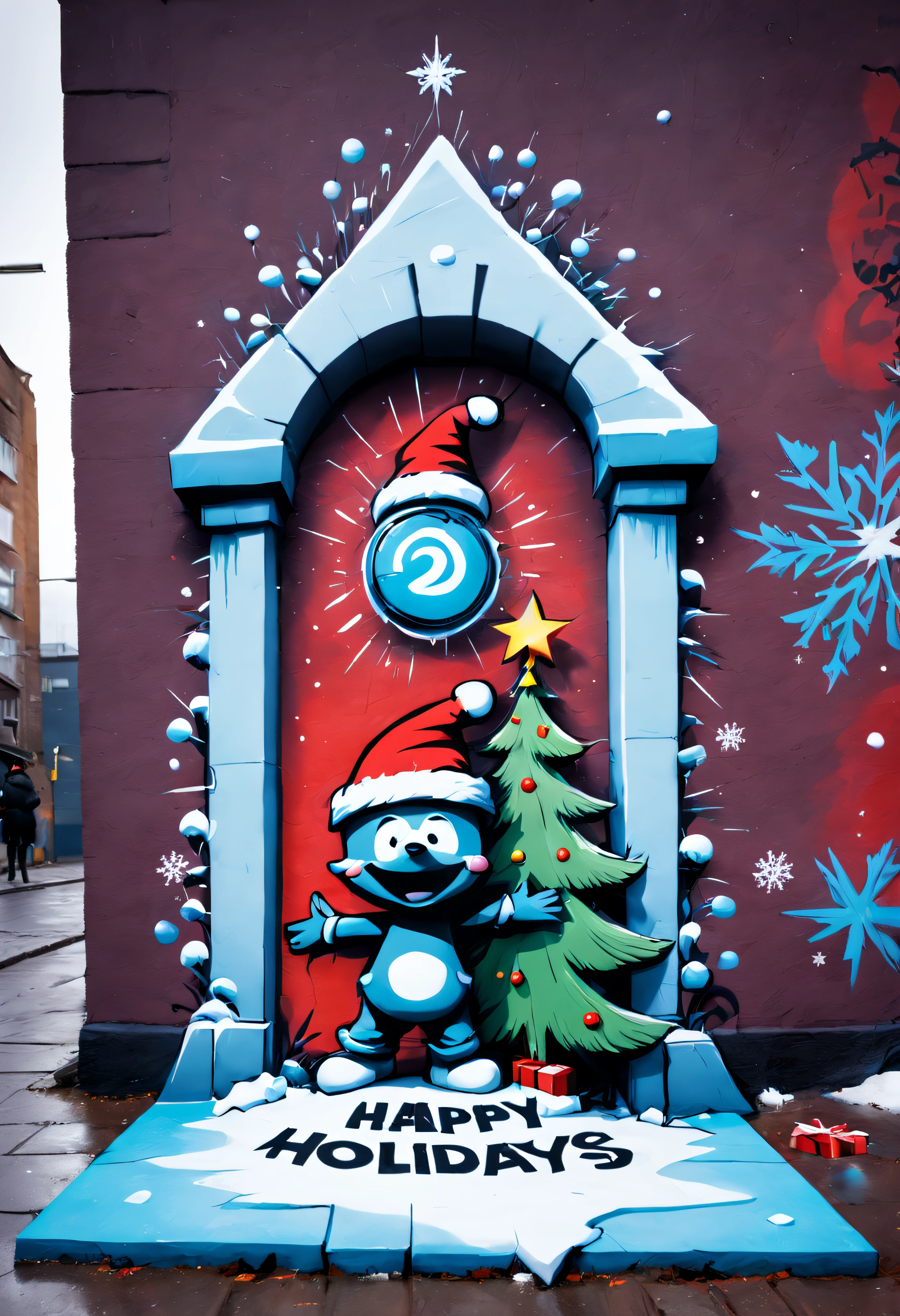 3dxmasurbanart, A three dimensional piece of christmas street art "Happy Holidays" written on the ground in skottie young style, picturing a portal opened up from another dimension with a graffiti snowy background (banksy style)