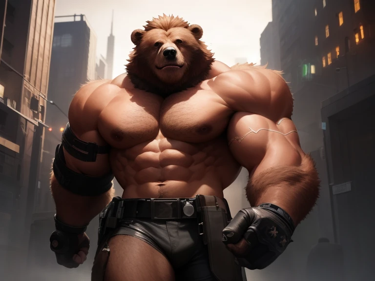 (best quality,4k,8k,highres,masterpiece:1.2),ultra-detailed,pov,realistic,photorealistic:1.37,strong,detailed,impressive,sharp focus,professional lighting,physically-based rendering,extreme detail description,vibrant colors,Waist-up,close-up,long shot,merging of man and bear,hybrid creature,dark cyberpunk street scene,dystopian future,cyberpunk city,detailed cityscape,nighttime, setting,male character,burmilion bear,huge muscular body,buff and cool,masculinity,thick brown fur,sharp teeth,powerful claws,proud and confident expression,manly beard,man-bear hybrid,ferocious gaze,strong muscular arms,veins popping,thick neck,Asian features,bear-like appearance,muscular legs,bear-like paws,leather jacket,cybernetic enhancements,tattoos on arms,goggles,glowing neon lights,steam rising from the ground,gritty and gritty atmosphere,dark alleys and towering skyscrapers,aura of mystery and danger.