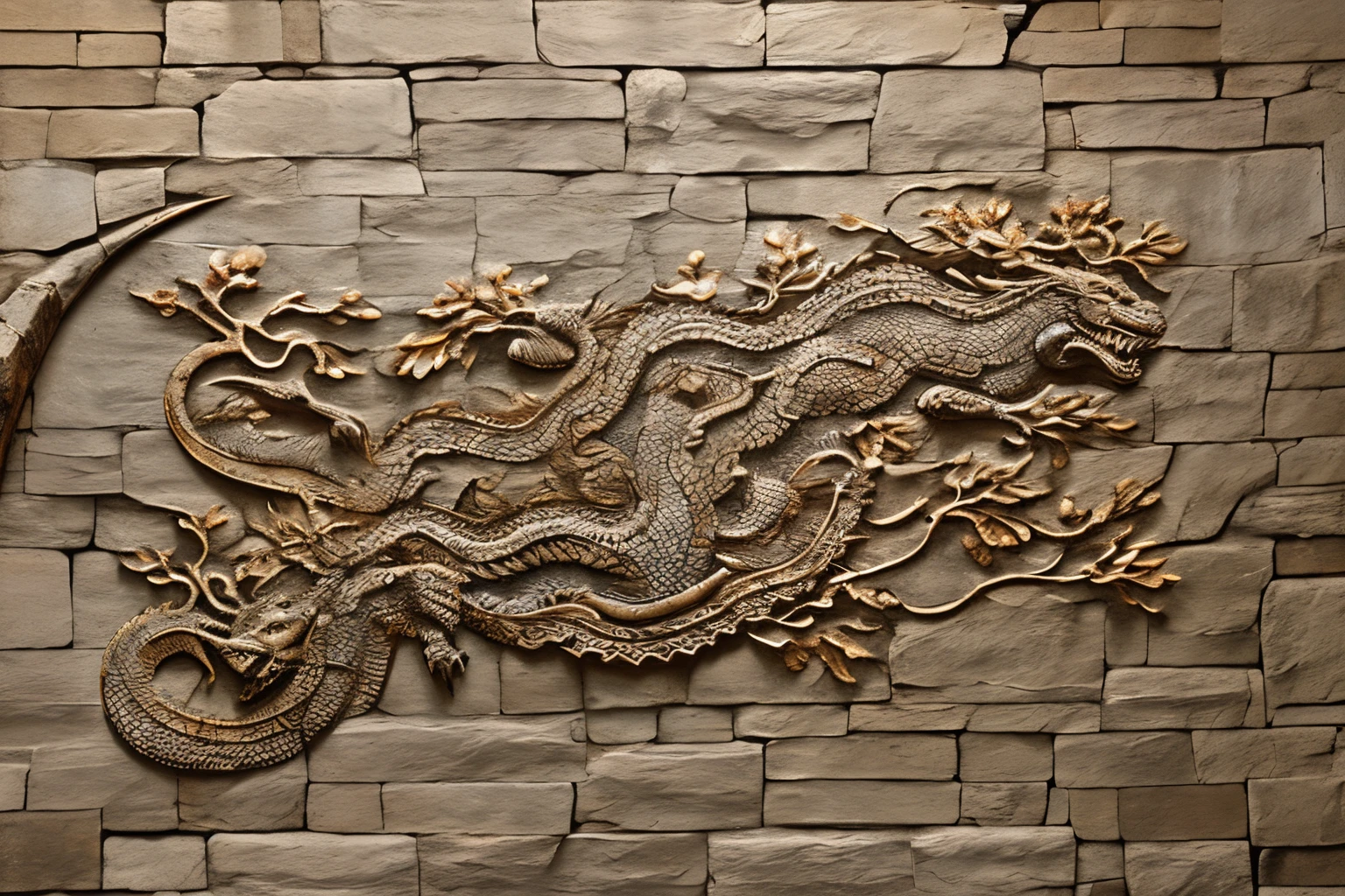 Ancient wall mural depicting Chinese Long Dragon, old fresco, Chinese Long Dragon, aged effect, effect of cracks on plaster, ancient art, tmasterpiece