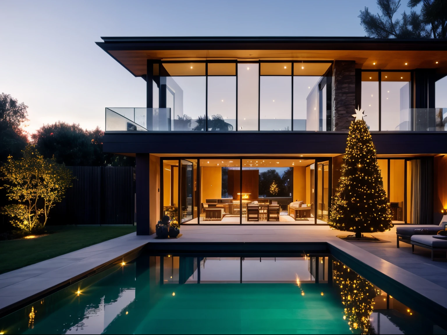 a villa morden, glass window, stone,woodandbrick,POOL, garden, Christmas, (Christmas tree),sunset