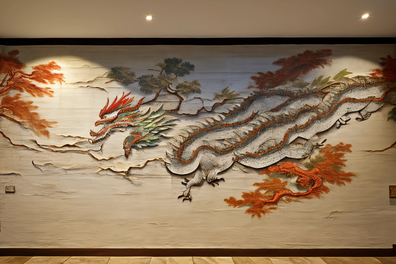 Ancient wall mural depicting Chinese Long Dragon, old fresco, Chinese Long Dragon, aged effect, effect of cracks on plaster, ancient art, tmasterpiece