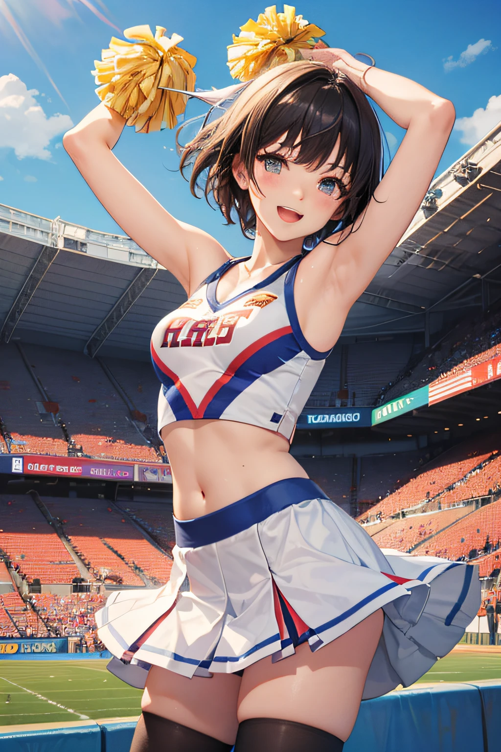 very cute and beautiful cheerleader girl,(very detailed beautiful face and eyes:1.2),(holding a pom pom:1.2),(Laugh),
(Stadium Stand),Cowboy Shot,Dynamic Pose,zettai ryouiki,Sleeveless,Beautiful legs,Dynamic Angle,Black hair,
(Best Quality,masutepiece:1.2),Intricate details,hight resolution,1 girl,Looking at Viewer,
Natural lighting,Hair fluttering in the wind,Beautiful detailed sky,