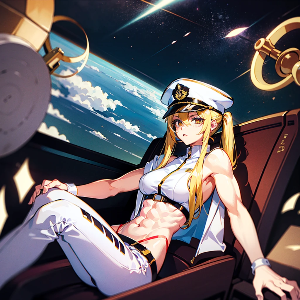 (((masterpiece)))、(((Top image quality)))、(((top-quality)))、(Illustration of one woman)、full bodyesbian、30-years old、(((neuter)))、((Blonde twintails))、Light golden eyes、((Tall))、(((Muscular and strong body)))、(((Split abs)))、(((muscular and thick arms)))、(((muscular and thick legs)))、(((manspreading)))、opening legs、((Military uniforms))、((Military Cap))、((Military coat))、(white clothes)、(White pants)、(White cap)、trench coat、((Inside the spaceship、Sitting in the captain's seat))、(Outside the window、Earth seen from space)