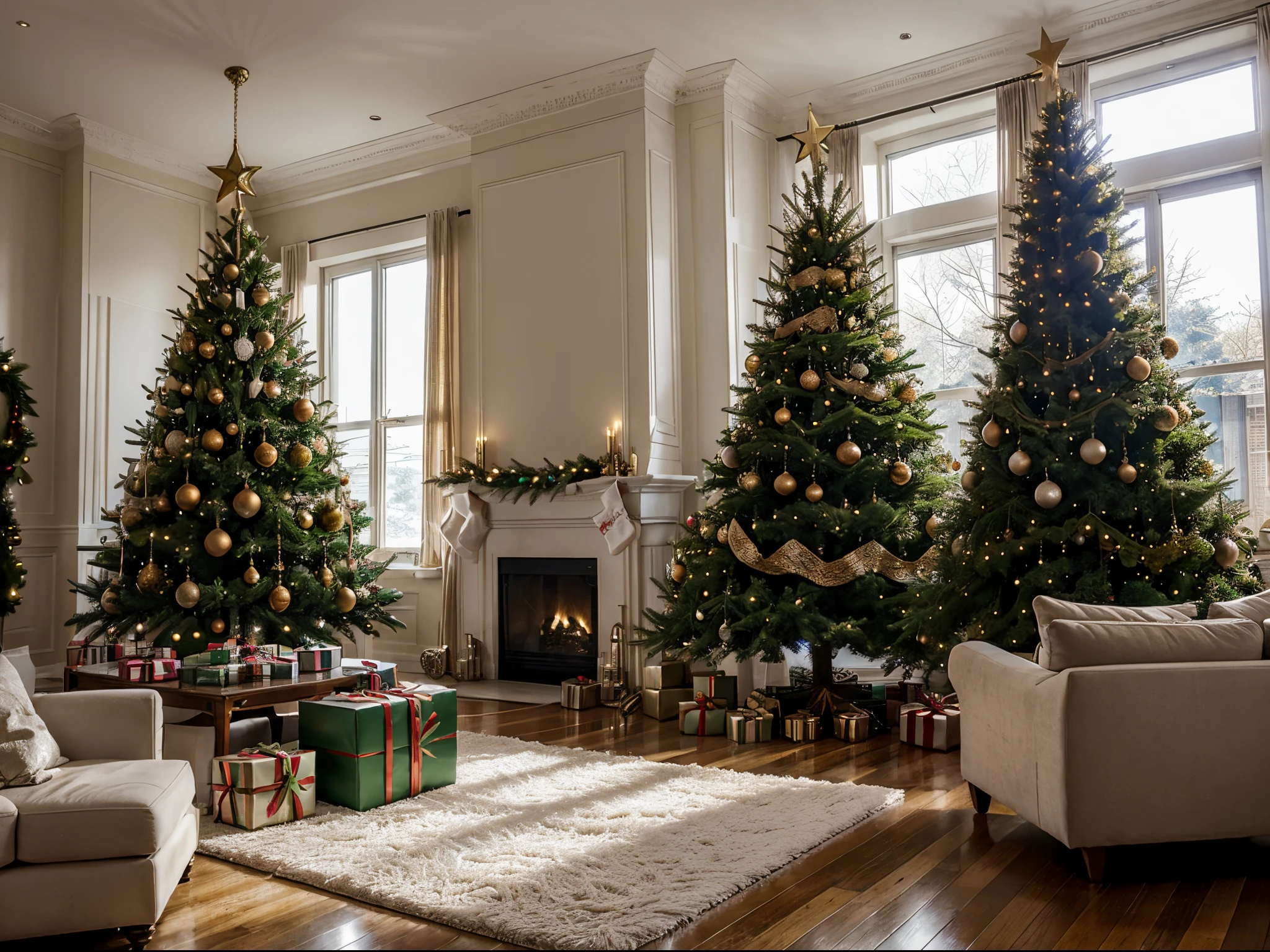A big Christmas Tree, in home enviroment, Christmas elements, spaceous living room, daylight, hyperealist