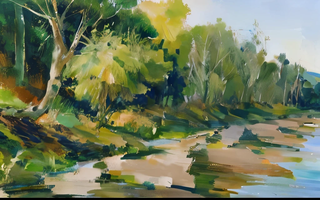 River illustration with trees and grass by the river, Overgrown with weeds on the shore, with trees and rivers,weeds,, Rios、trees and hills, Color ink pen illustration, OilPaintStyle,Artistically, beside a river, oil painting drawing