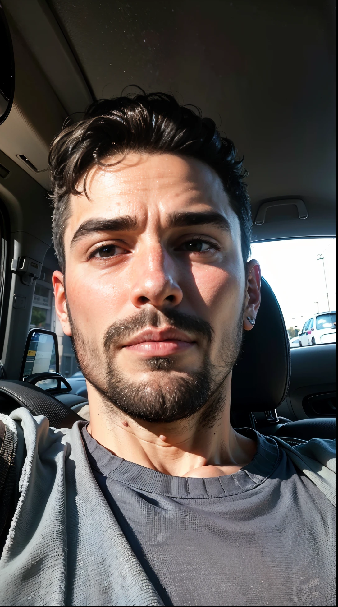 Homem com barba e camisa cinza em um carro, com uma barba pequena, sem barba, foto de perfil headshot, taken in the early 2020s, sem barba e bigode, sem barba, barba pequena, Streamer do Twitch / Jogador Ludwig, neckbeard, Cristiano Orrillo, Aykut Aydogdu, rosto largo raspado limpo
