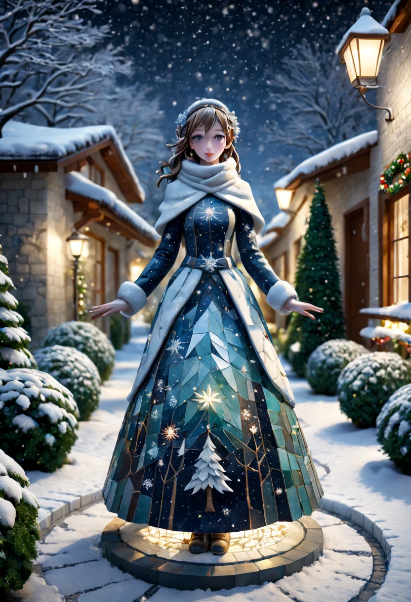 external garden, Mosaic Christmas Girl Sculpture, flagstone road, the night, hyper realisitc, mirai, hyper realisitc, winter landscape，[Gentle snowfall]，artistic décor, concept-art, Three-dimensional future, lightand shade contrast, Ray traching, mosaic art, wide wide shot, Best quality at best, A high resolution, Award-Awarded, tmasterpiece, 4K