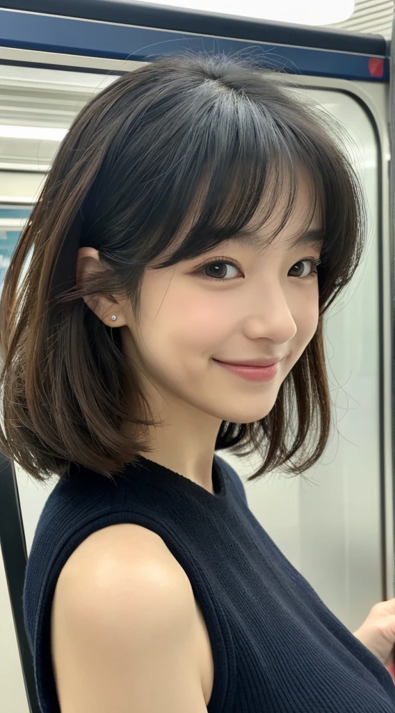 Top image quality、masterpiece、Beautuful Women、japanes、25-years old、On the train、(masuter piece:1.3)、(8k、Photorealsitic、RAW Photography、top-quality:1.4)、(1girl)、美丽的面容、(lifelike face)、(A dark-haired、realisticeyes、Beautiful details、(real looking skin)、knit、sleeveless、absurderes、enticing、ultra res、A hyper-realistic、high detal、the golden ratio、a smile、dual、Long、Loose perm、Beautiful Japan woman、Moderate breasts、Urban women、
