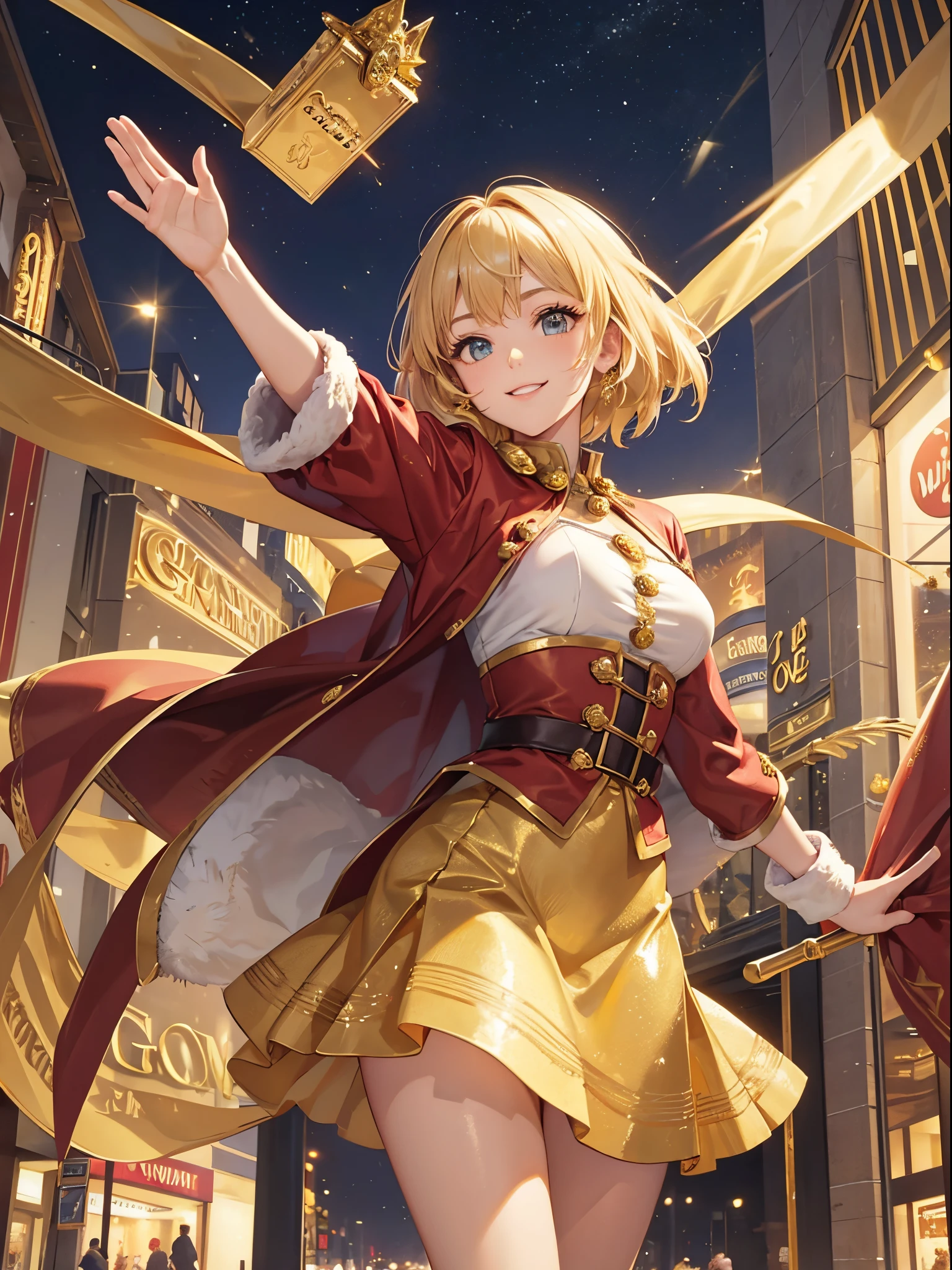 master piece,best quality, Solo lady,24 year old, beautiful eyes,cute, dynamic pose,gold santa claus costume, detailed clothing,gold skirt, shy smile, gold hair, short hair, flipped hair,waving in a strong wind hair,Mall