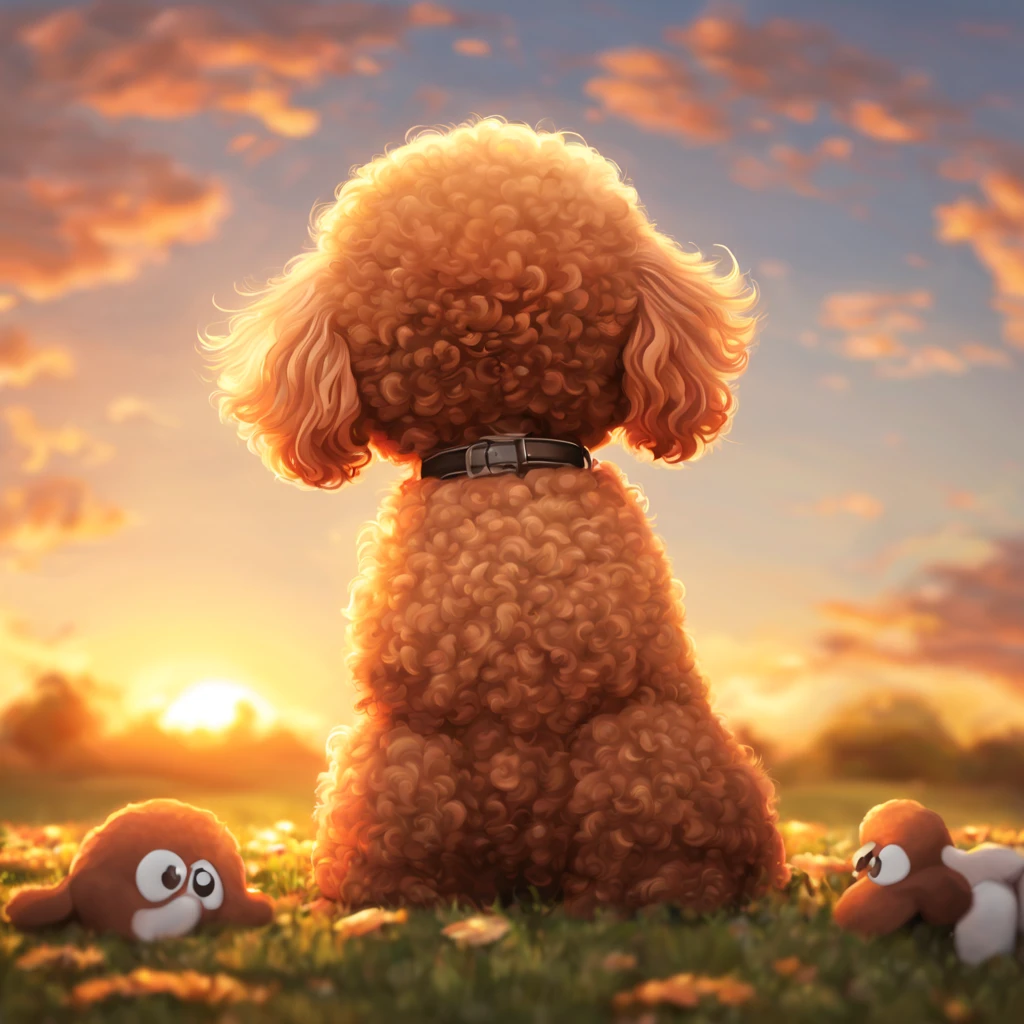 In the sunset,toy poodle sitting,,Rear view, In 2D chibi art style, masutepiece, Best Quality,