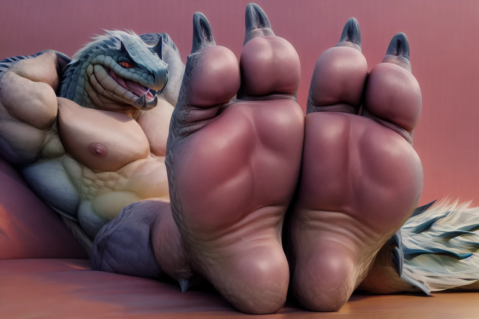 e621, species:tobi-kadachi, (living inflatable), rainforest, sitting, male, nipples, penis, big penis, balls, big balls, long penis, medial ringed humanoid penis, uncut, flaccid, foreskin, pre cum, leaking, feet, big feet, large feet, 4 toes, claws, humanoid feet, padded feet, padded soles, plantigrade, stretched legs, soles, big soles,