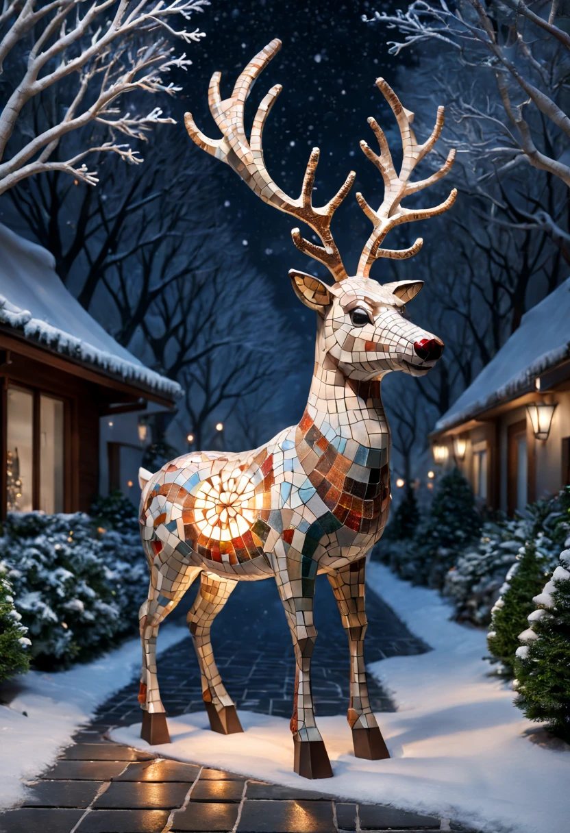 external garden, Mosaic Christmas Reindeer Sculpture, flagstone road, the night, hyper realisitc, mirai, hyper realisitc, winter landscape，[Gentle snowfall]，artistic décor, concept-art, Three-dimensional future, lightand shade contrast, Ray traching, mosaic art, wide wide shot, Best quality at best, A high resolution, Award-Awarded, tmasterpiece, 4K