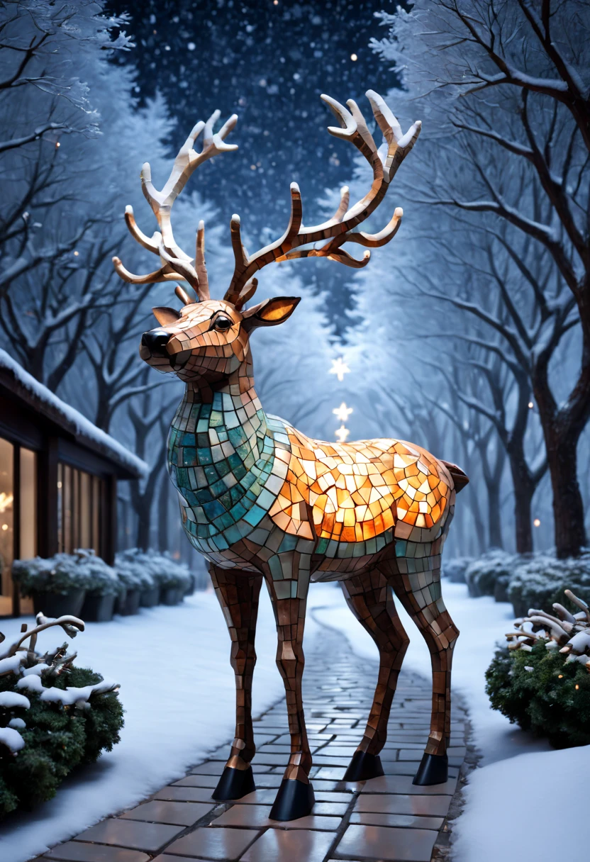 external garden, Mosaic Christmas Reindeer Sculpture, flagstone road, the night, hyper realisitc, mirai, hyper realisitc, winter landscape，[Gentle snowfall]，artistic décor, concept-art, Three-dimensional future, lightand shade contrast, Ray traching, mosaic art, wide wide shot, Best quality at best, A high resolution, Award-Awarded, tmasterpiece, 4K