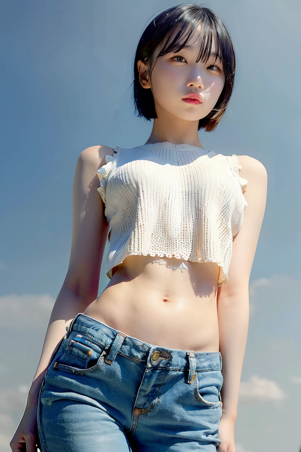 (masutepiece:1.2), (Best Quality:1.2), (Extremely detailed:1.2), (extra detailed face), (Photorealistic:1.2), (ultra-detailliert), 1girl in, Upshirt close-up, underboob, loose yellow shirt, Short Blue Jeans, (Sexy panty straps:0.5),slim and petite body, medium boobs, Short hair, (Full body:1.2), Pose Seductive, Looking at Viewer, (View from below:1.2), ulzzang -6500-v1.1