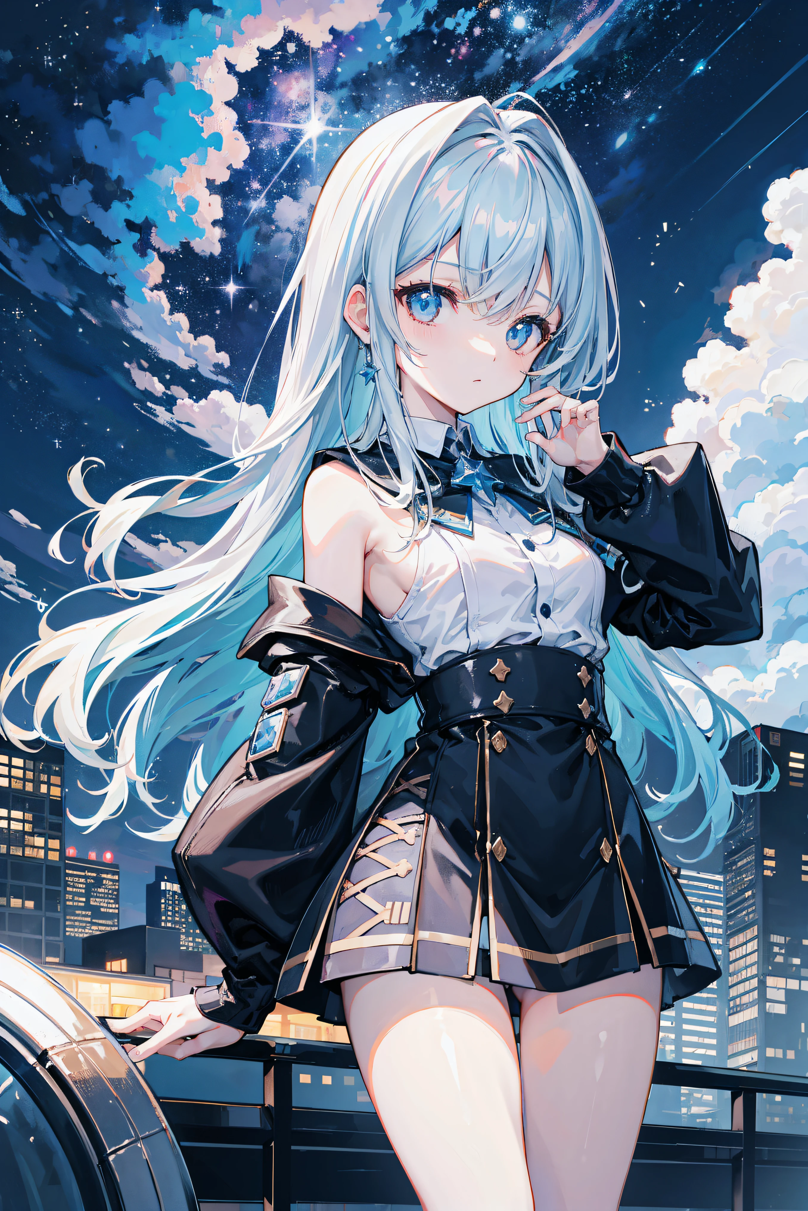 Octane renderer, sky sky, As estrelas (sky sky), scenecy, starrysky, natta, 1  girl, nigh sky, Alone, Outdoor sports, buliding, cloud, milky ways, sitted, that tree, Long gray hair, 城市, contours, looking over city, look at sky, 8K, Beautiful night sky, ray traycing, tmasterpiece, Cute face