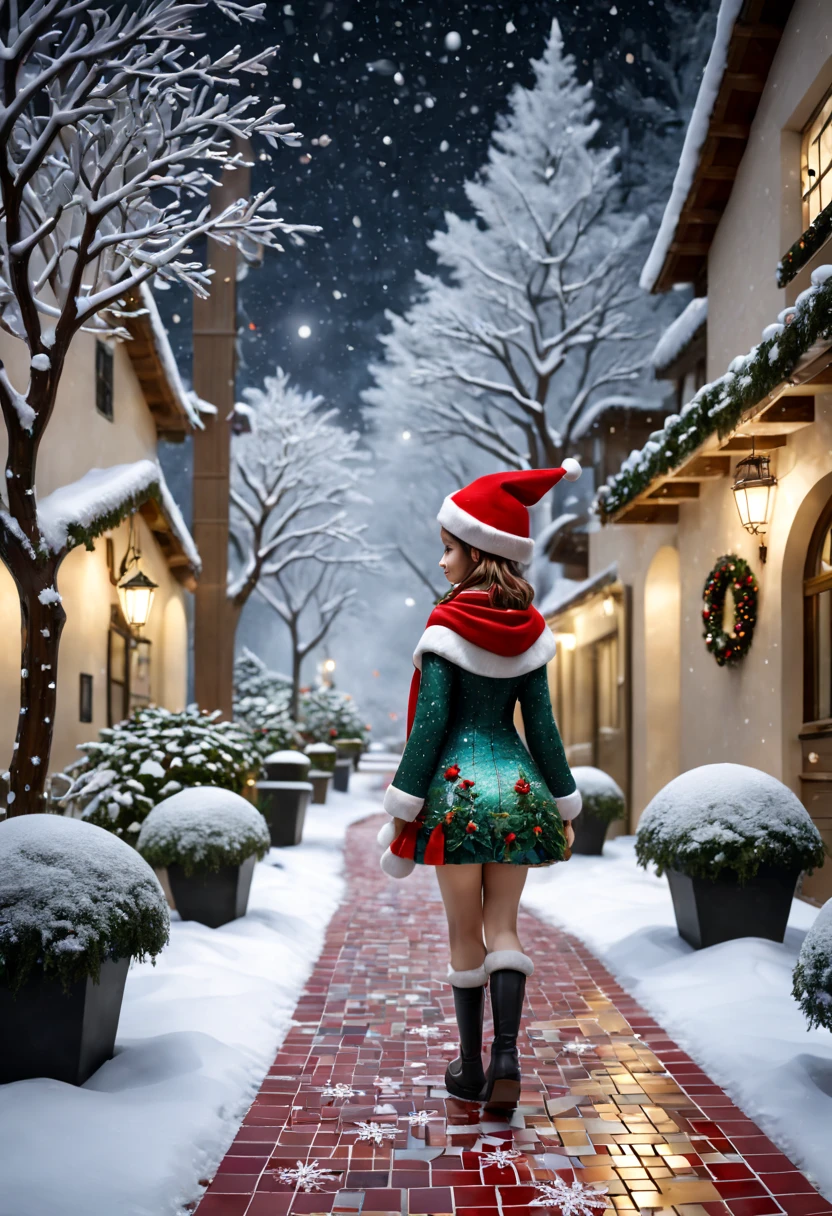 external garden, Mosaic Christmas Girl Sculpture, flagstone road, the night, red christmas hat，hyper realisitc, mirai, hyper realisitc, winter landscape，[Gentle snowfall]，artistic décor, concept-art, Three-dimensional future, lightand shade contrast, Ray traching, mosaic art, wide wide shot, Best quality at best, A high resolution, Award-Awarded, tmasterpiece, 4K