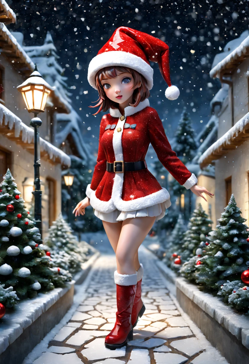 external garden, Mosaic Christmas Girl Sculpture, flagstone road, the night, red christmas hat，hyper realisitc, mirai, hyper realisitc, winter landscape，[Gentle snowfall]，artistic décor, concept-art, Three-dimensional future, lightand shade contrast, Ray traching, mosaic art, wide wide shot, Best quality at best, A high resolution, Award-Awarded, tmasterpiece, 4K