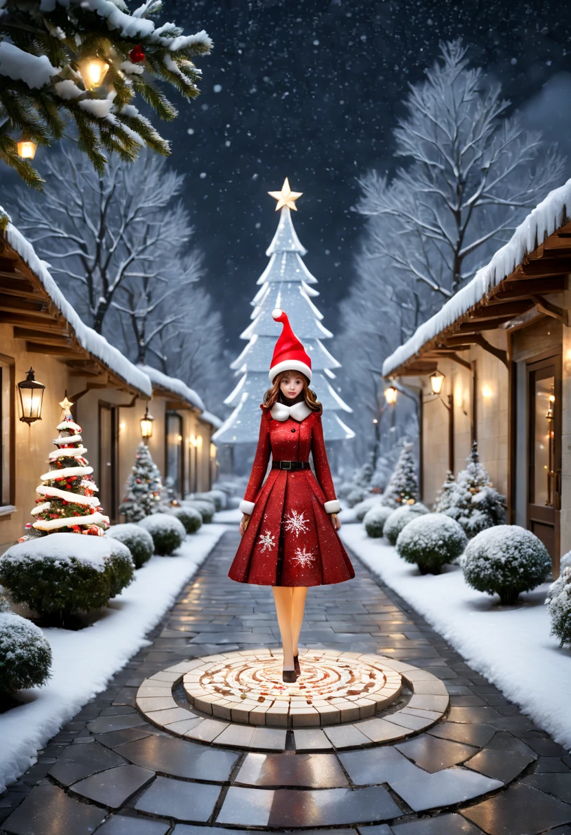 external garden, Mosaic Christmas Girl Sculpture, flagstone road, the night, red christmas hat，hyper realisitc, mirai, hyper realisitc, winter landscape，[Gentle snowfall]，artistic décor, concept-art, Three-dimensional future, lightand shade contrast, Ray traching, mosaic art, wide wide shot, Best quality at best, A high resolution, Award-Awarded, tmasterpiece, 4K