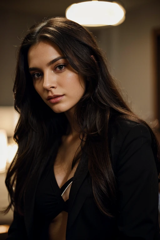 a woman with long hair and a stylish black blazer,portrait,realistic lighting,sharp focus,vivid colors,long hair flowing,expressive eyes,chic and classy look