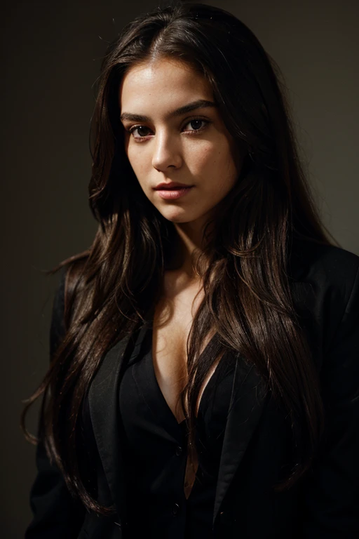 a woman with long hair and a stylish black blazer,portrait,realistic lighting,sharp focus,vivid colors,long hair flowing,expressive eyes,chic and classy look