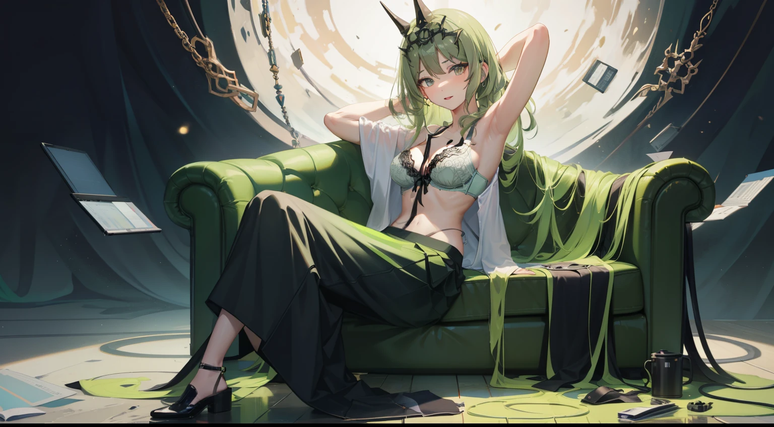 Best quality, green hair, small , , navel, t-shirt, (()),clothes lift, skirt, lying, full Body, perfect body ,sitting, armpit