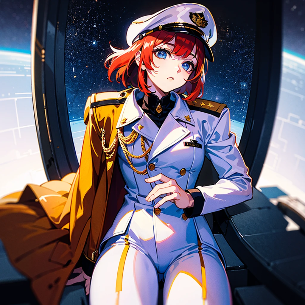 (((masterpiece)))、(((Top image quality)))、(((top-quality)))、(Illustration of one girl)、full bodyesbian、30-years old、((Red-haired shorthair))、(Thin hair hanging down both sides of the face)、Blue eyes、((Tall))、((Muscular and strong body))、((manspreading))、opening legs、((Military uniforms))、((Military Cap))、((Military coat))、(white clothes)、(White pants)、(White cap)、trench coat、((Inside the spaceship、Sitting in the captain's seat))、(Outside the window、kosmos、Earth seen from space、Spaceport)