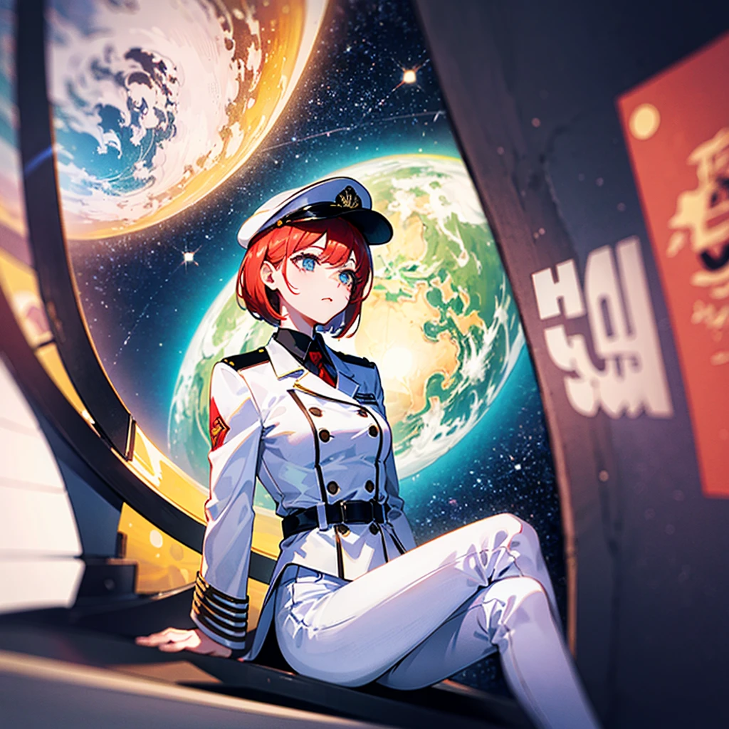 （（（​masterpiece）））、（（（Top image quality）））、（（（top-quality）））、（Illustration of one girl）、full bodyesbian、30-years old、（（Red-haired shorthair））、（Thin hair hanging down both sides of the face）、Blue eyes、（（Tall））、（（Muscular and strong body））、（（manspreading））、opening legs、（（Military uniforms））、（（Military Cap））、（（Military coat））、（white  clothes）、（White pants）、（White cap）、trench coat、（（Inside the spaceship、Sitting in the captain's seat））、（Outside the window、kosmos、Earth seen from space、Spaceport）