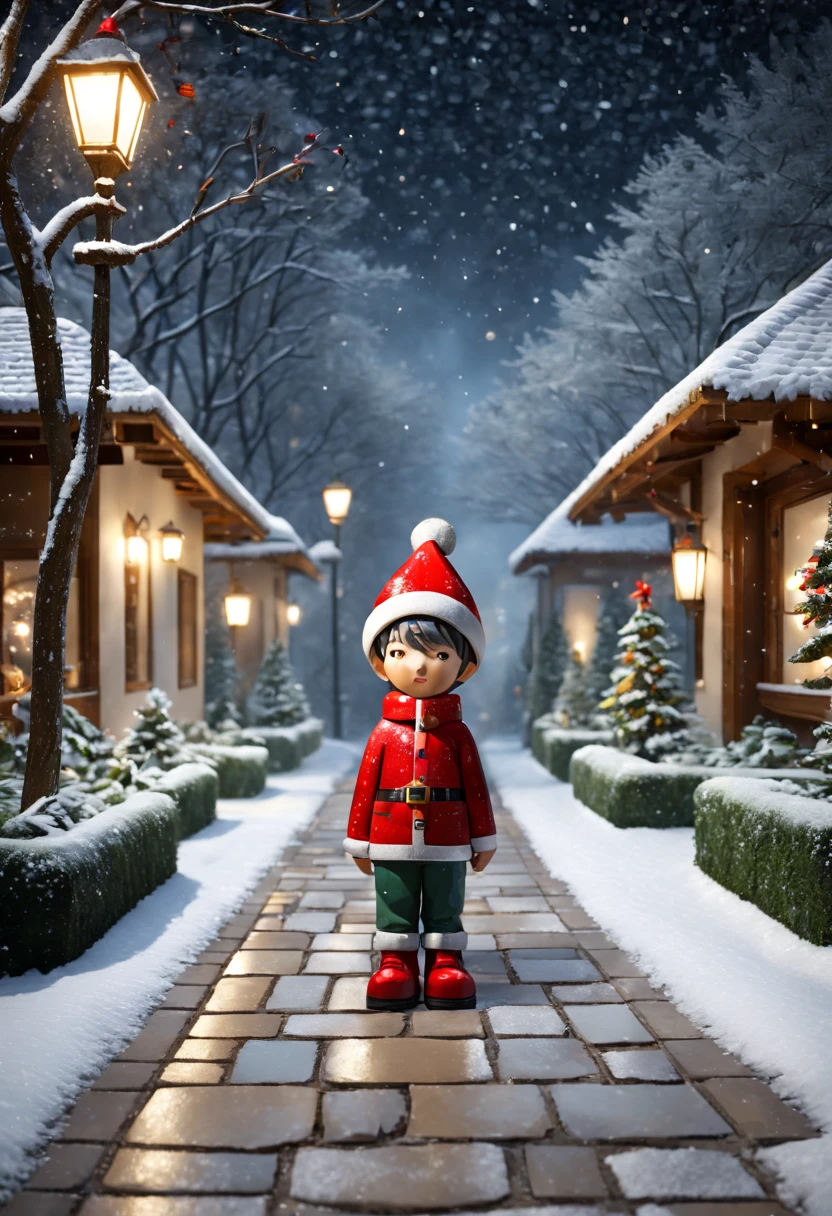 external garden, Mosaic Christmas Boy Sculpture, flagstone road, the night, hyper realisitc, red christmas hat，mirai, hyper realisitc, winter landscape，[Gentle snowfall]，artistic décor, concept-art, Three-dimensional future, lightand shade contrast, Ray traching, mosaic art, wide wide shot, Best quality at best, A high resolution, Award-Awarded, tmasterpiece, 4K